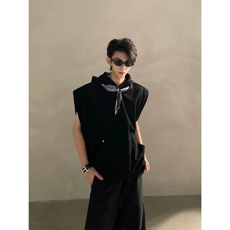 Summer high-end sense niche design sense silk scarf collar sleeveless T-shirt male ruffian handsome silhouette half-sleeve tide FE0531
