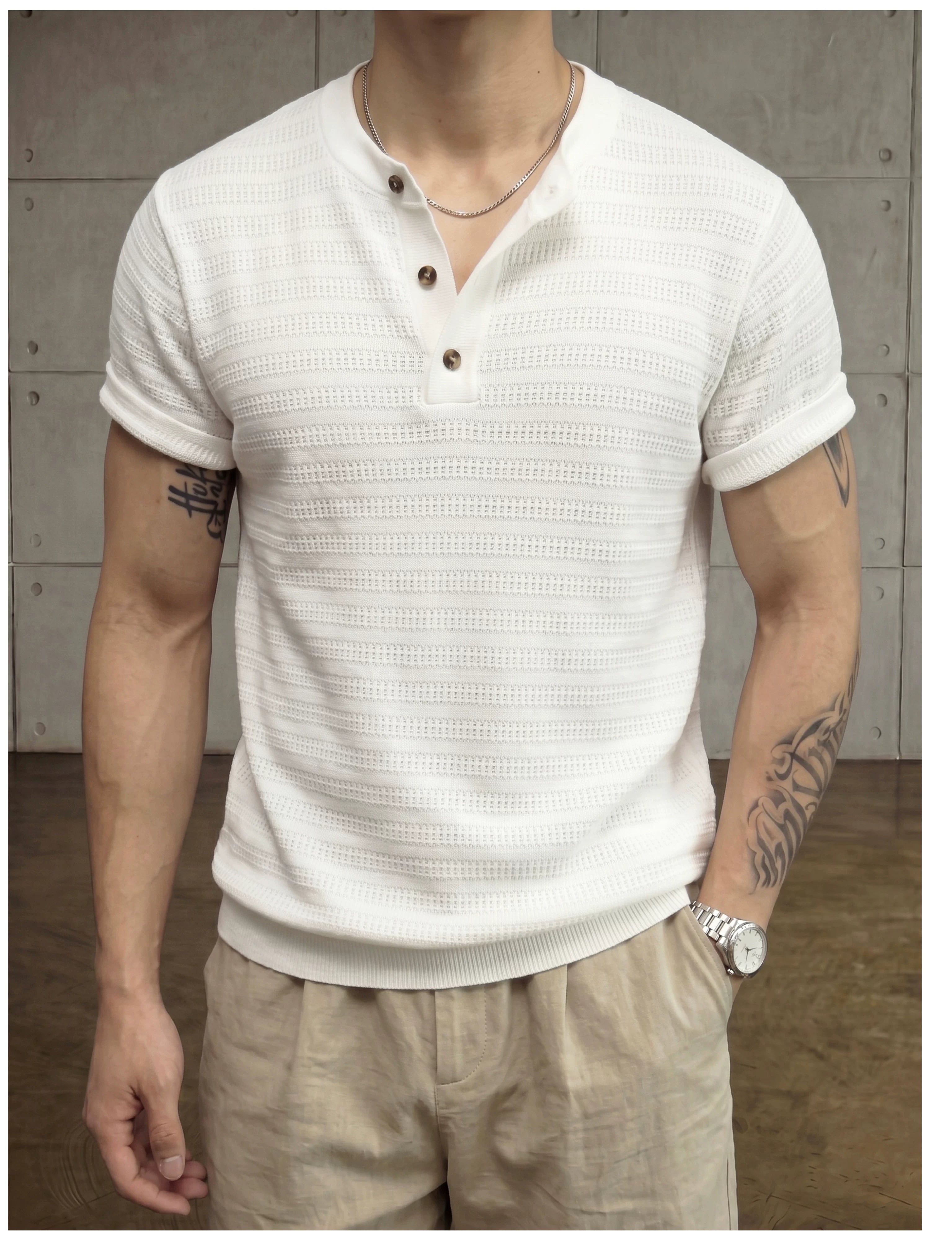 Jacquard horizontal pattern hollow texture knitted short-sleeved T-shirt FE0737
