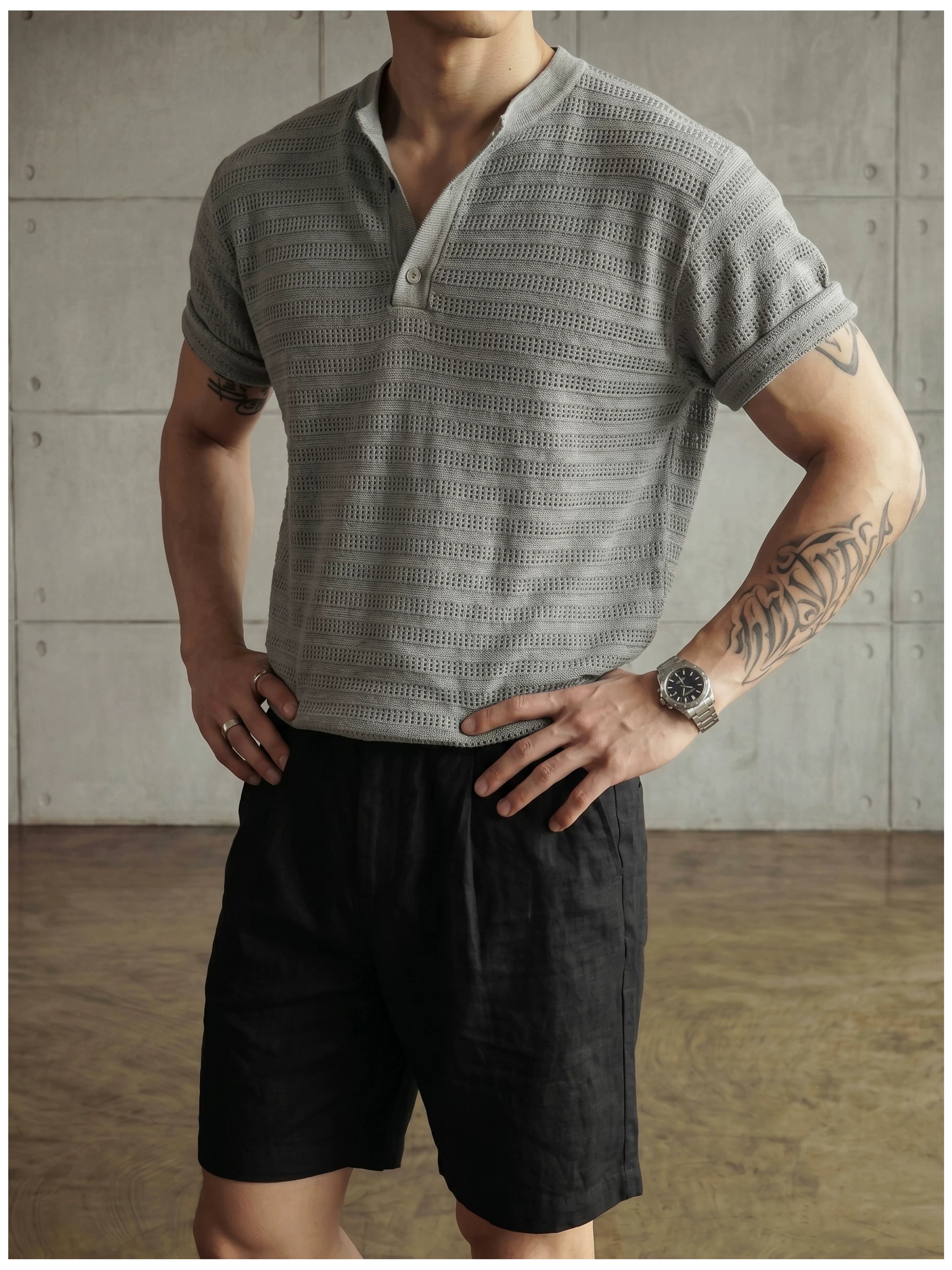 Jacquard horizontal pattern hollow texture knitted short-sleeved T-shirt FE0737