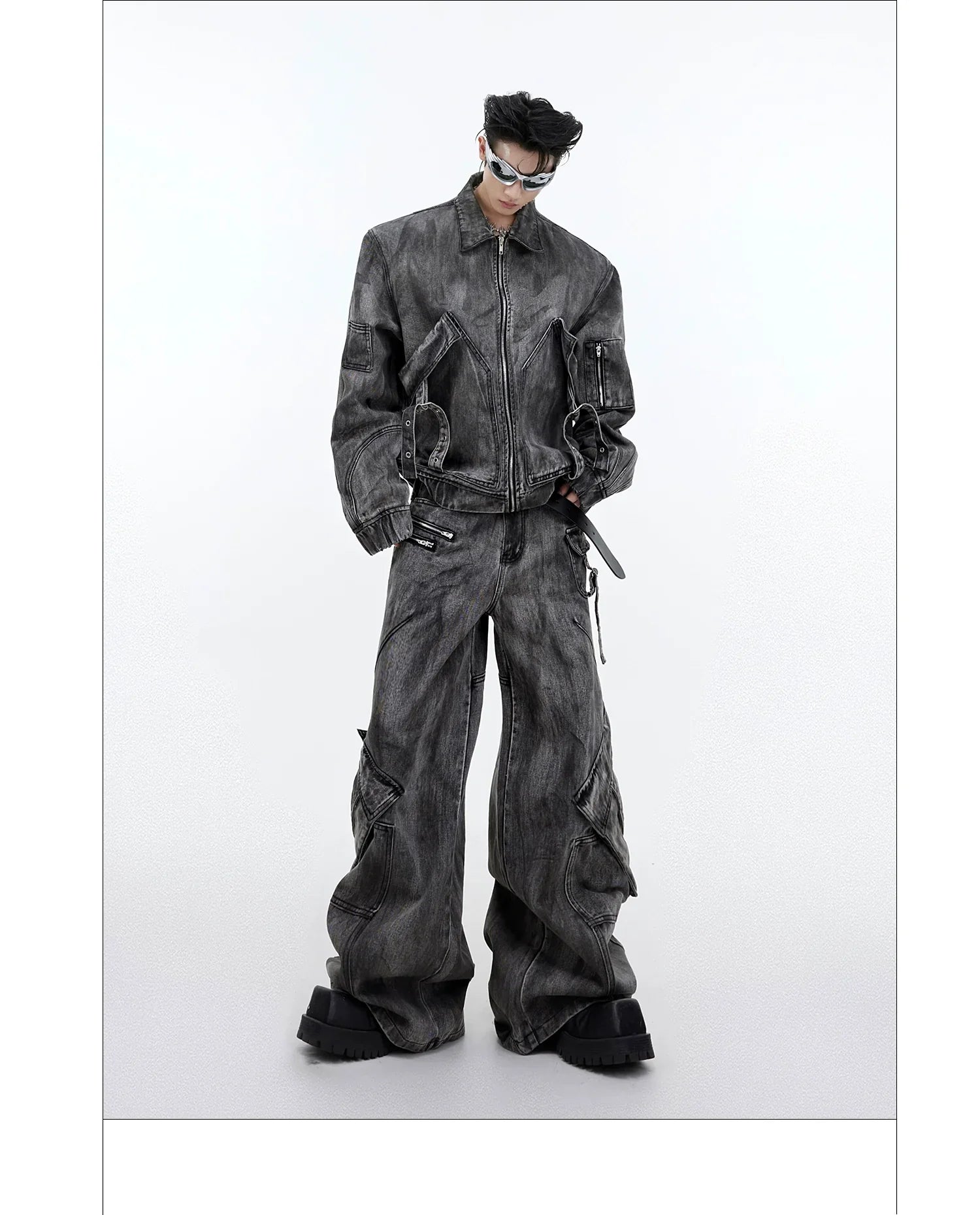 Niche retro old denim suit jacket jacket wasteland heavy zipper big pocket overalls FE0596