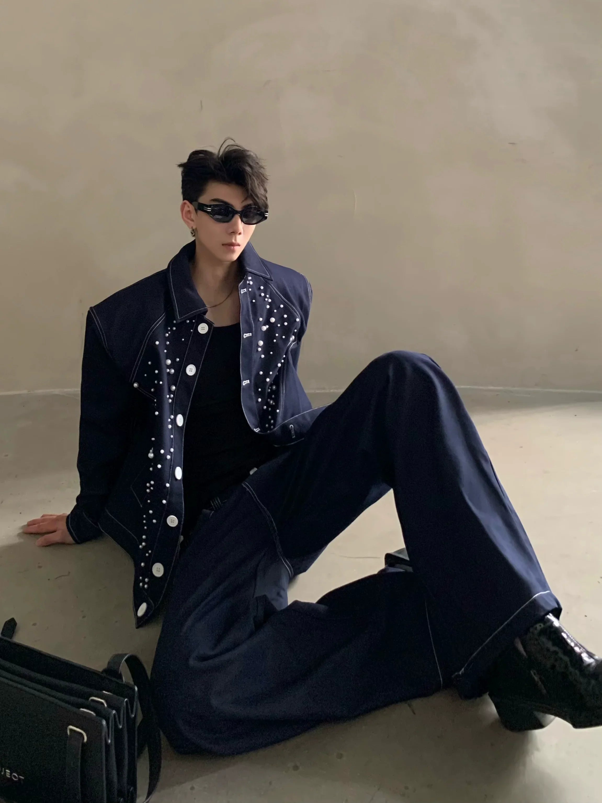 Niche high-end sense light luxury bright diamond pearl design denim jacket men's ruffian handsome fashion suit tide FE0586