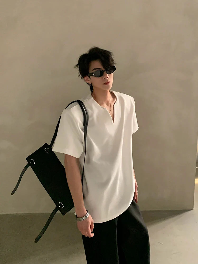 Summer high-end V-neck metal decorative shoulder pads short-sleeved T-shirt male ruffian handsome loose half-sleeved top FE0536