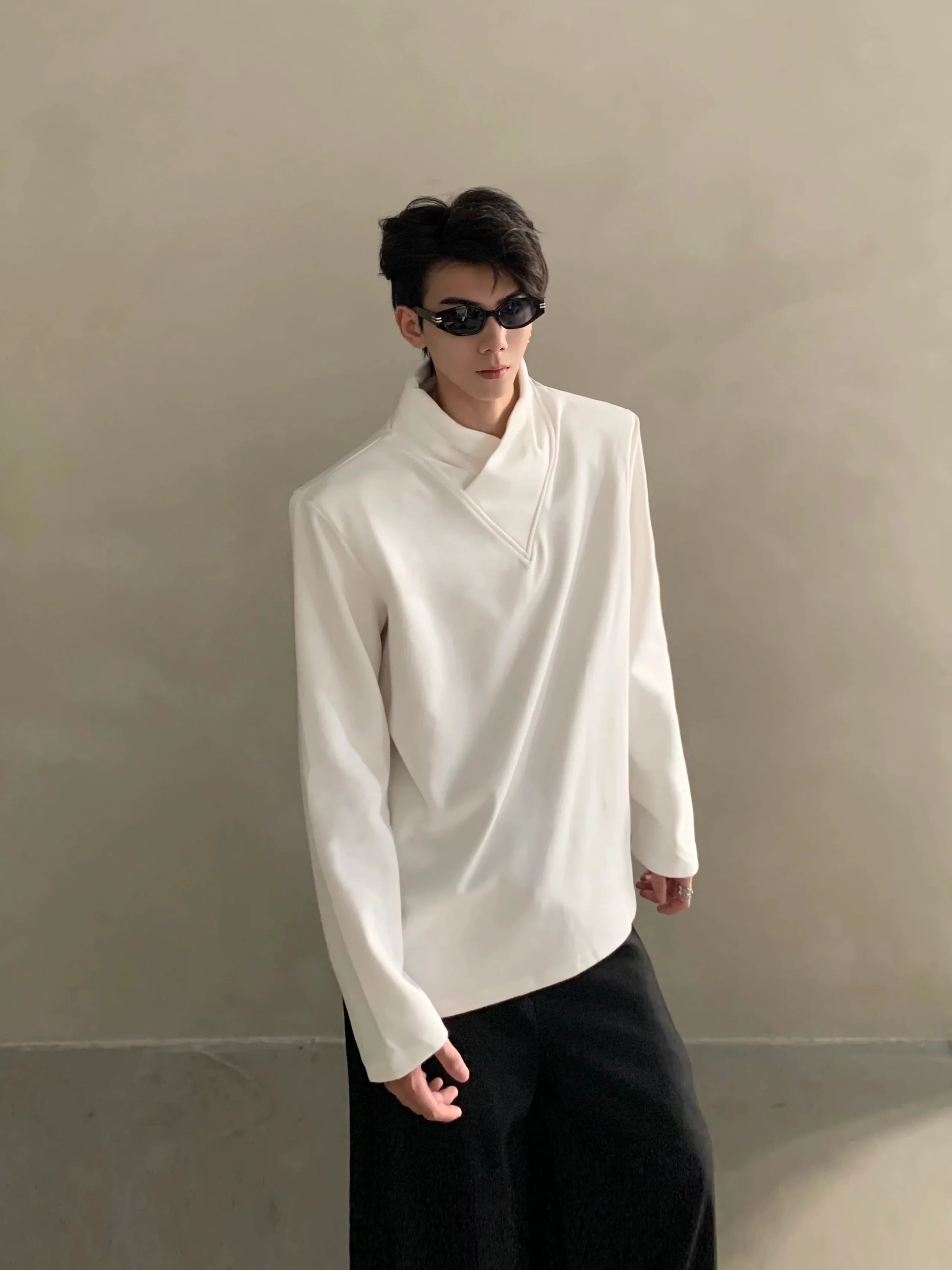 Autumn niche high-end sense stack collar silhouette long-sleeved T-shirt men's loose heavy ruffian handsome top  FE0532