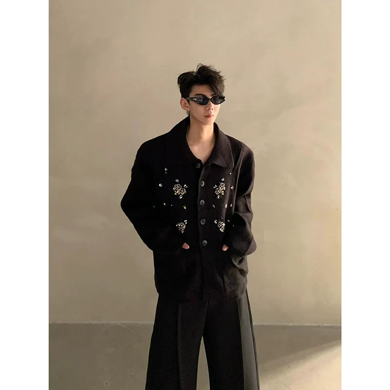Autumn and winter niche high-end sense of extravagance heavy industry nail flower design knitted sweater men's cardigan jacket tide FE0635