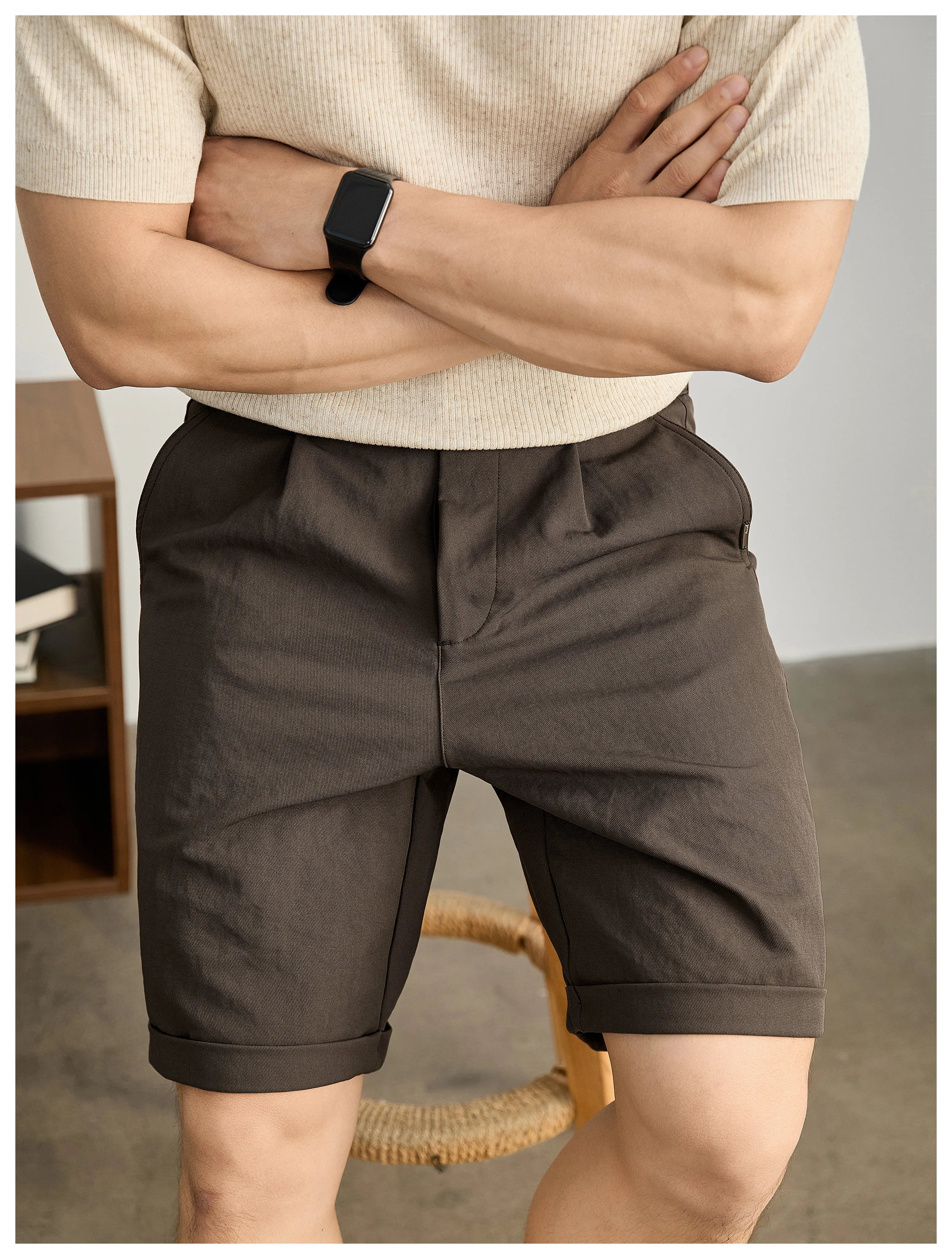 High-end light and mature wind semi-elastic waist pants twill texture pants, curled straight shorts FE0733