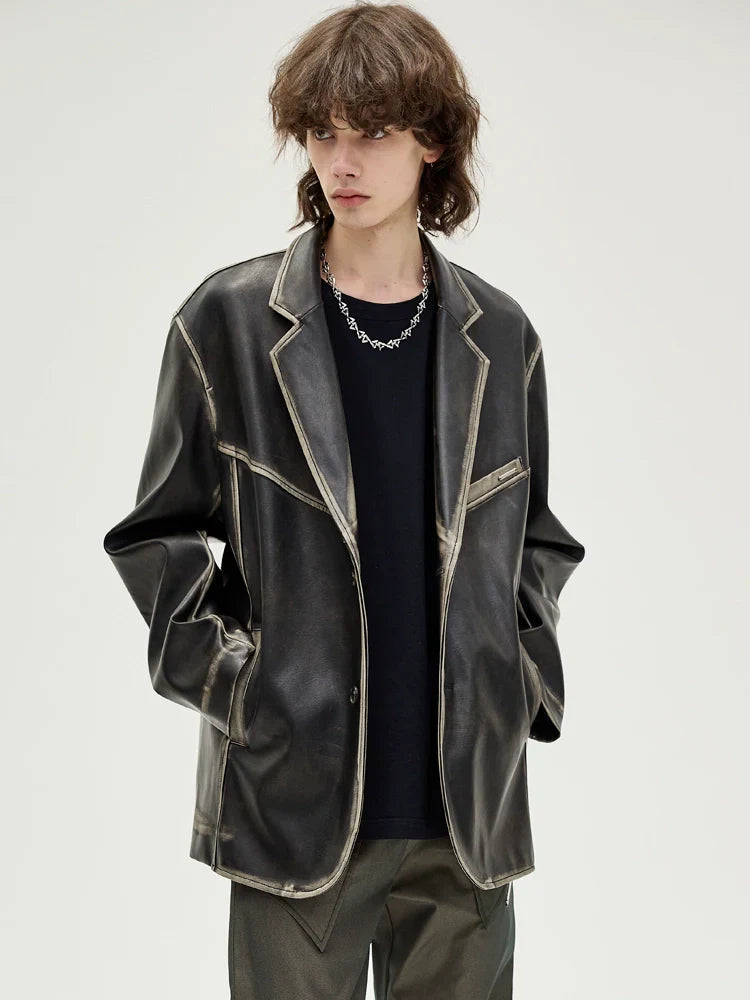 American retro polished leather jacket suit for men and women, black trendy jacket FE0589