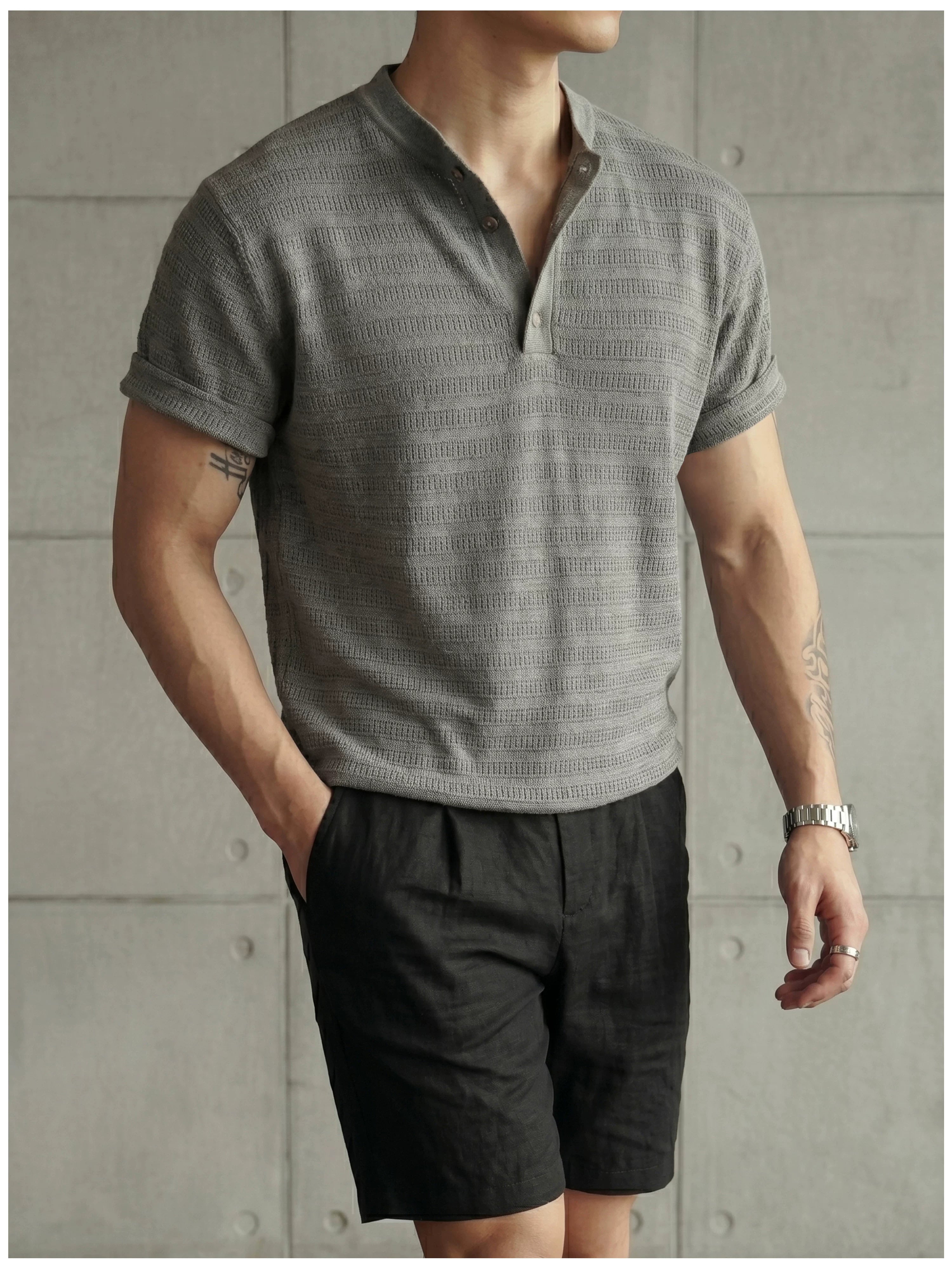 Jacquard horizontal pattern hollow texture knitted short-sleeved T-shirt FE0737