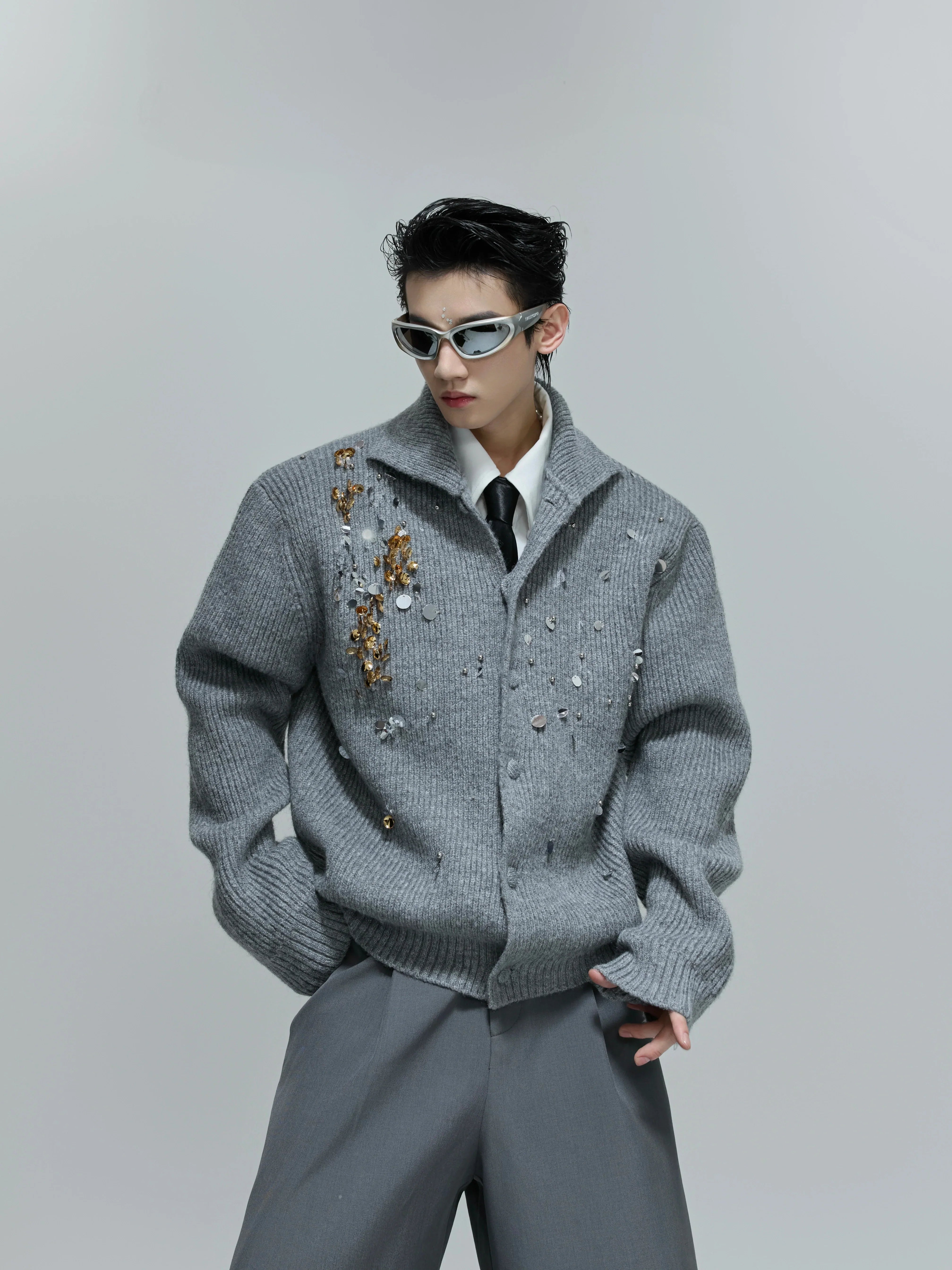 Niche heavy industry sequined design sense turtleneck sweater extravagant lazy knitted sweater jacket winter FE0643