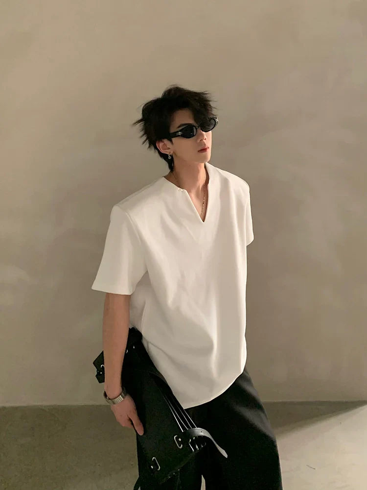 Summer high-end V-neck metal decorative shoulder pads short-sleeved T-shirt male ruffian handsome loose half-sleeved top FE0536