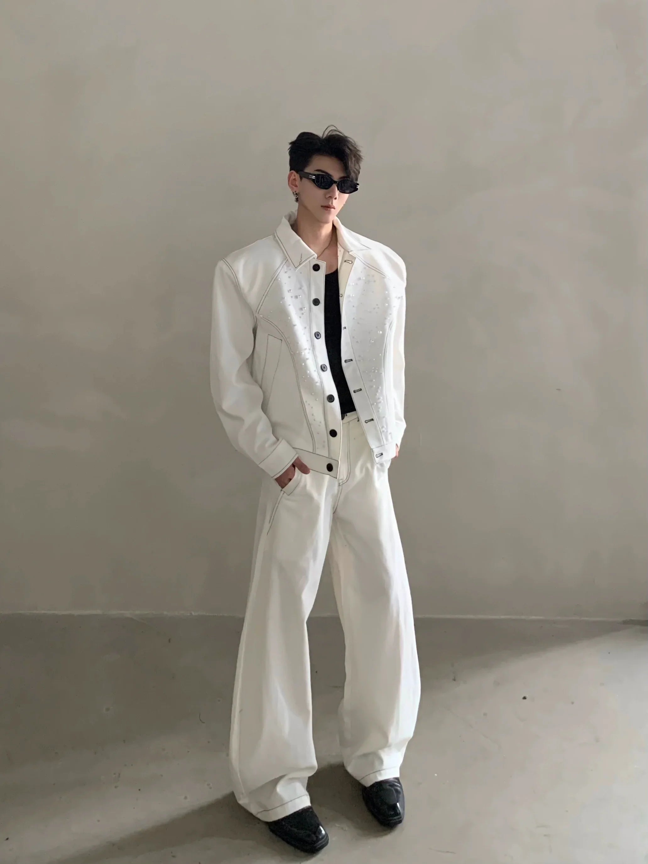 Niche high-end white shoulder padded jacket jacket men's autumn trousers suit minimalist style FE0583