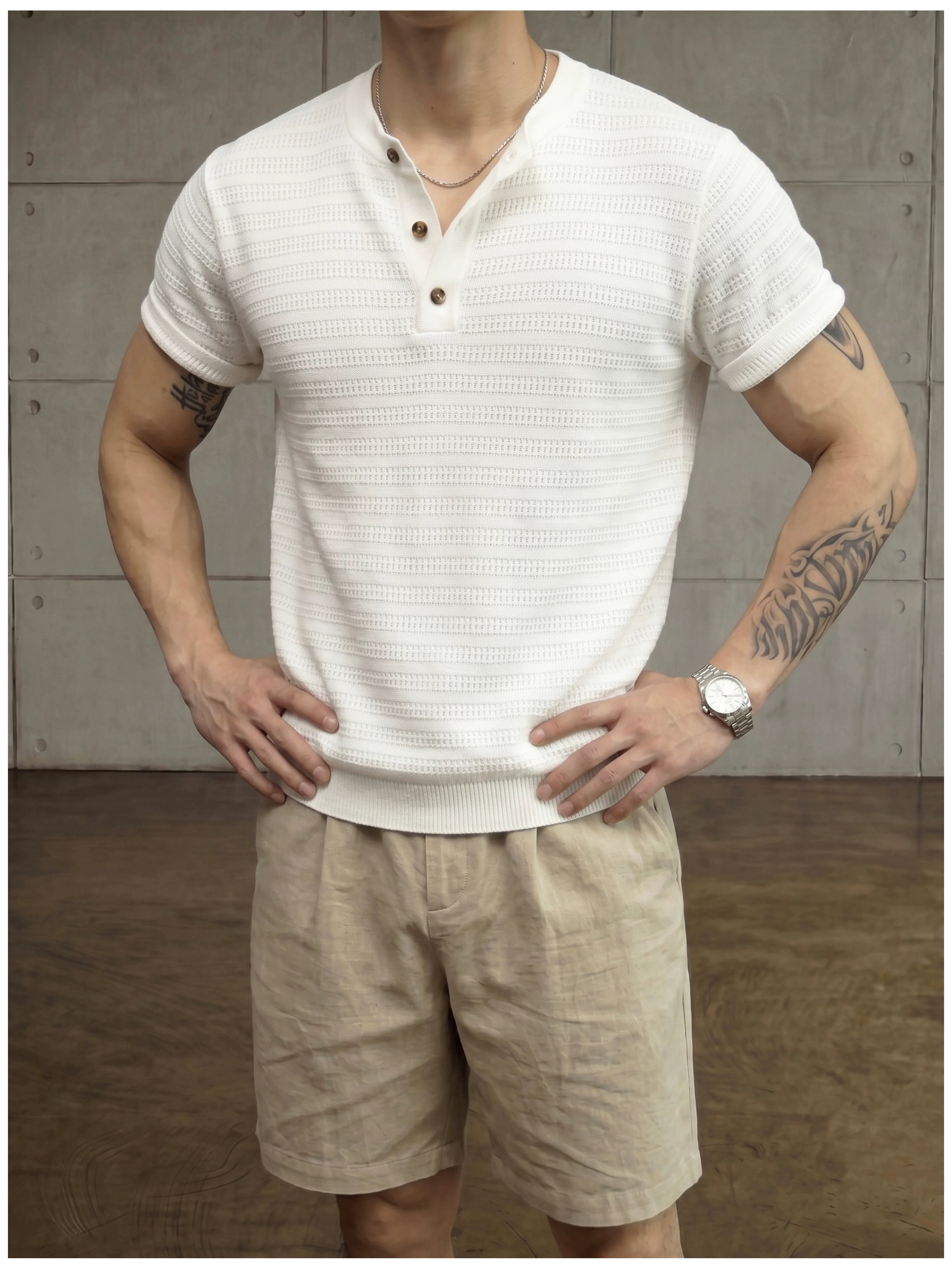 Jacquard horizontal pattern hollow texture knitted short-sleeved T-shirt FE0737