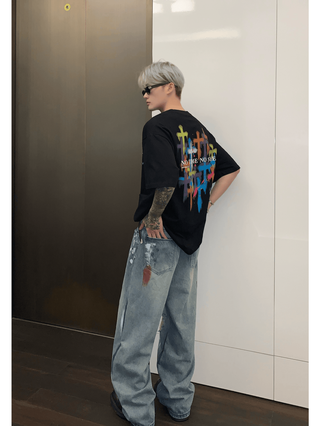 street graffiti contrast color straight jeans   FE0103