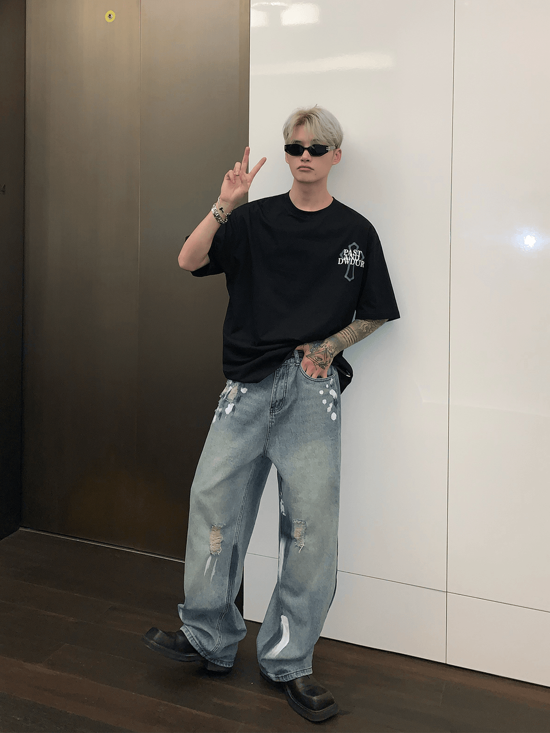 street graffiti contrast color straight jeans   FE0103