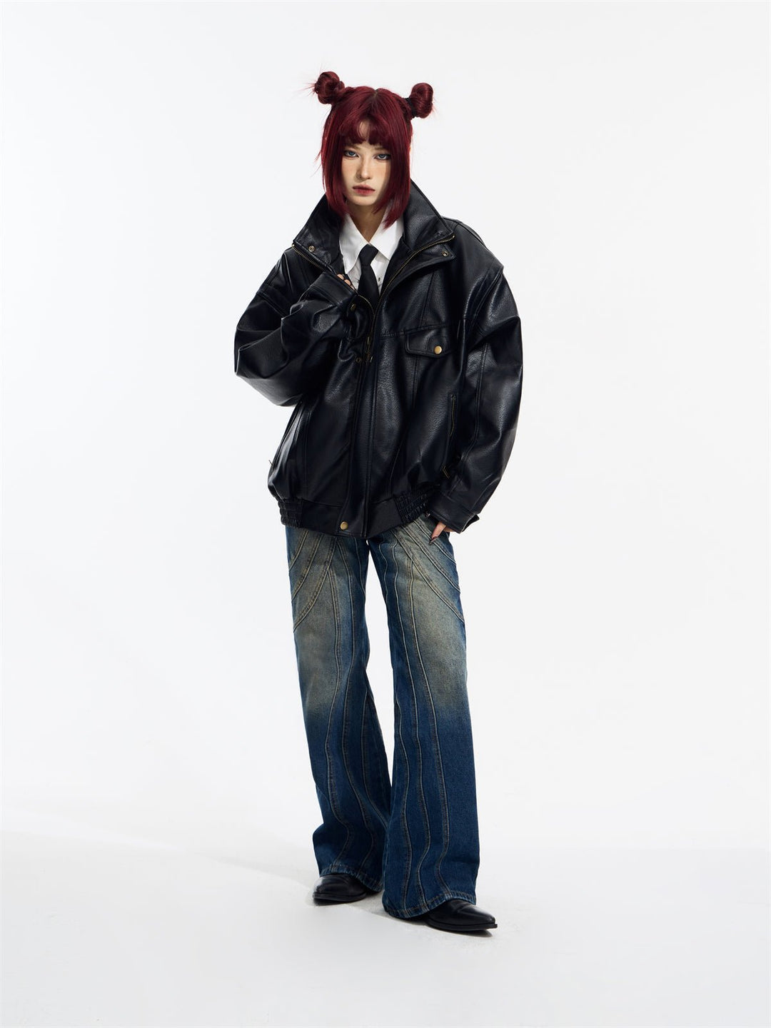 [PeopleStyle] Genderless wear silhouette fashionable leather jacket  FE0622