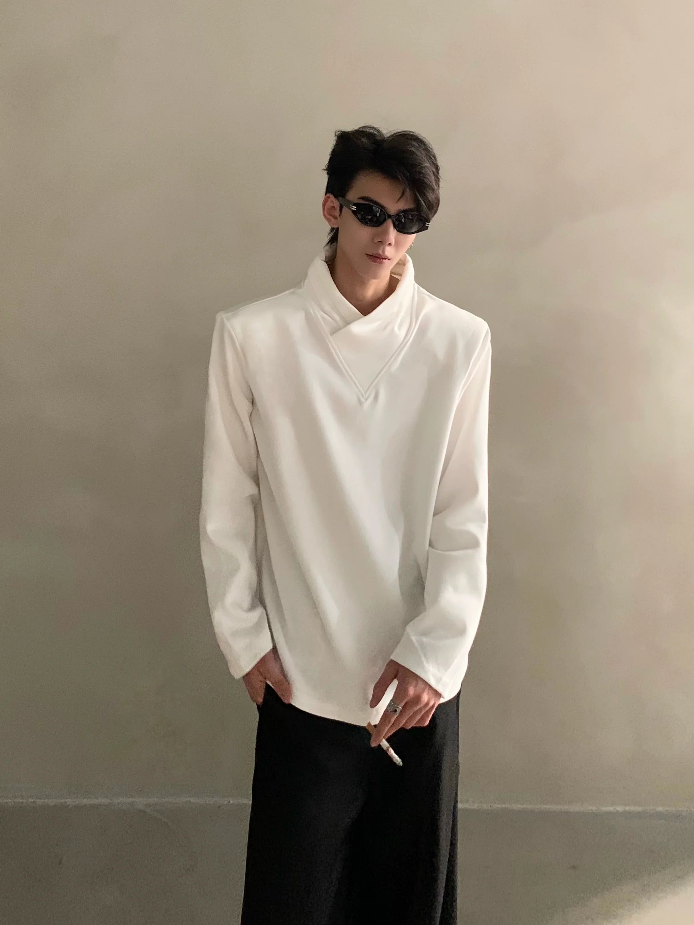 Autumn niche high-end sense stack collar silhouette long-sleeved T-shirt men's loose heavy ruffian handsome top  FE0532
