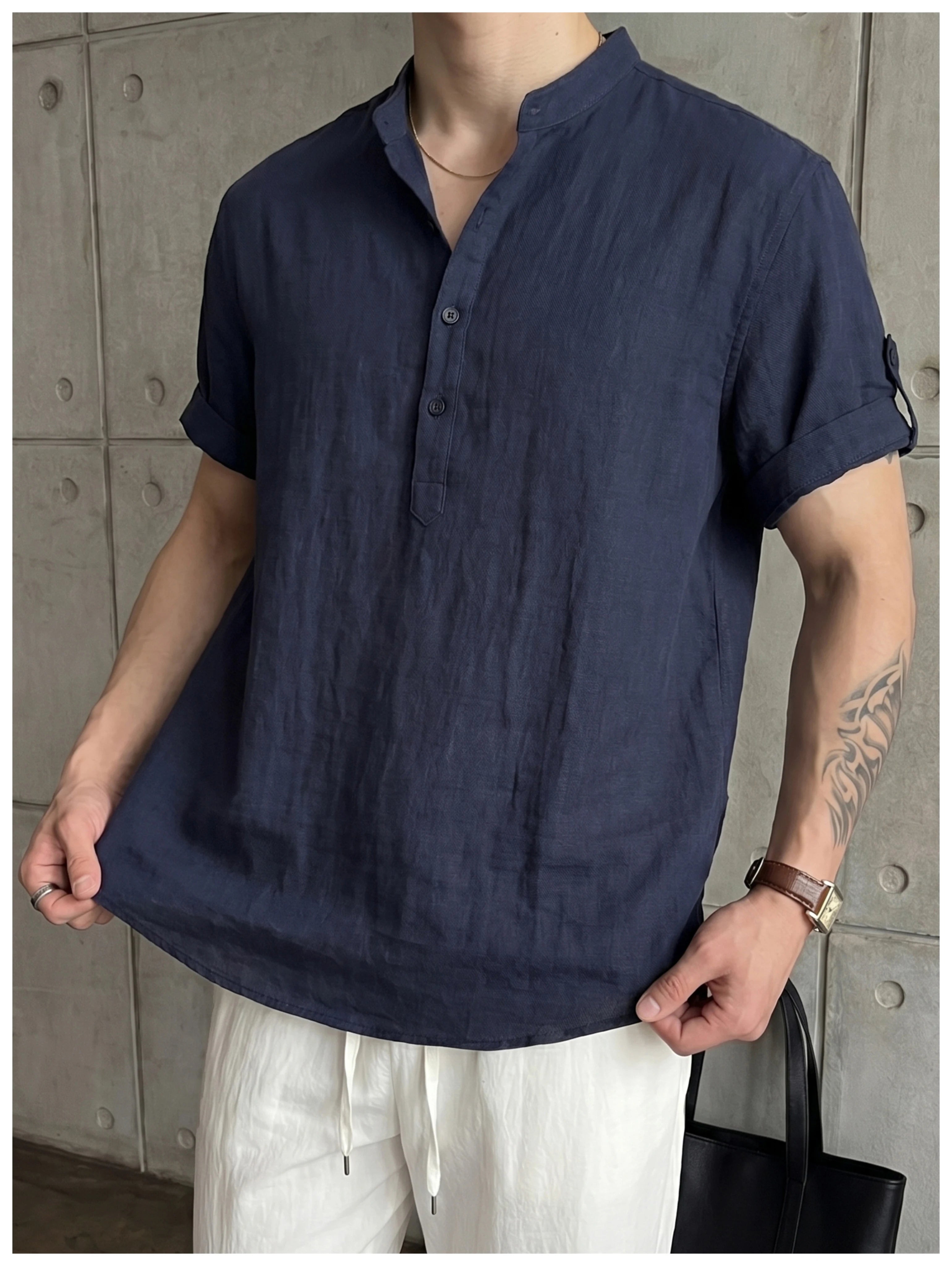 Old money wind adjustable five-quarter sleeve stand-up collar shirt FE0732
