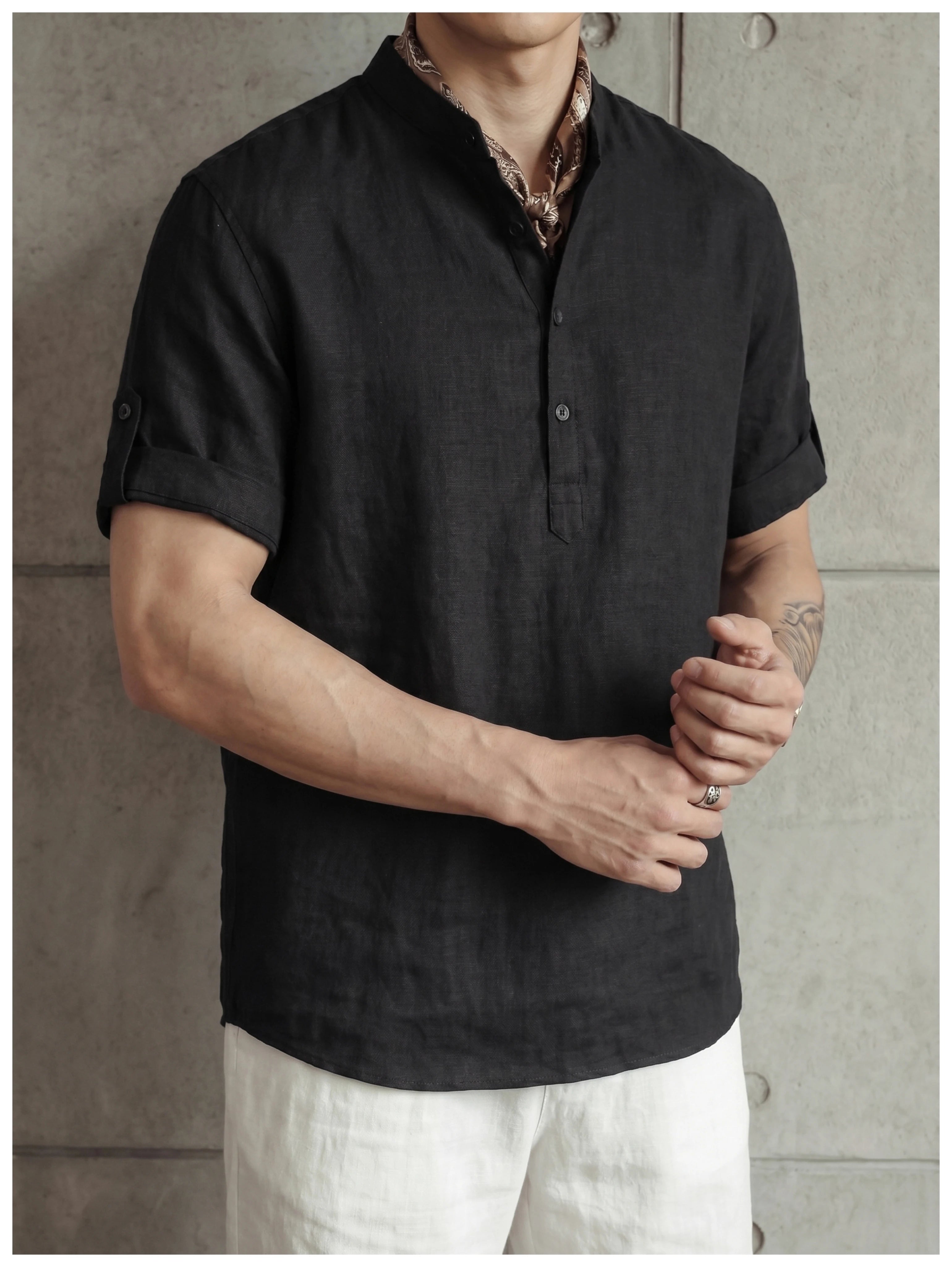 Old money wind adjustable five-quarter sleeve stand-up collar shirt FE0732