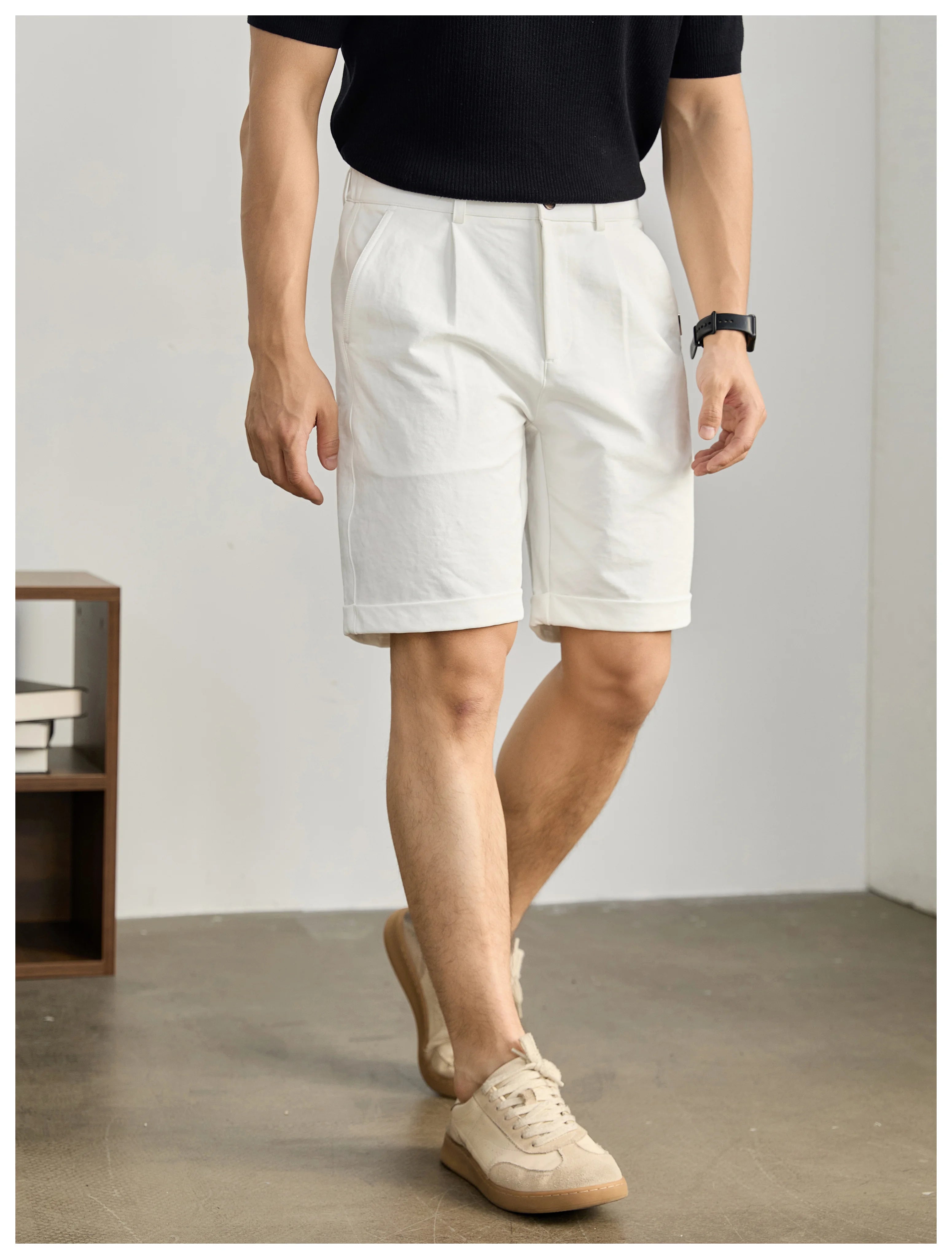 High-end light and mature wind semi-elastic waist pants twill texture pants, curled straight shorts FE0733
