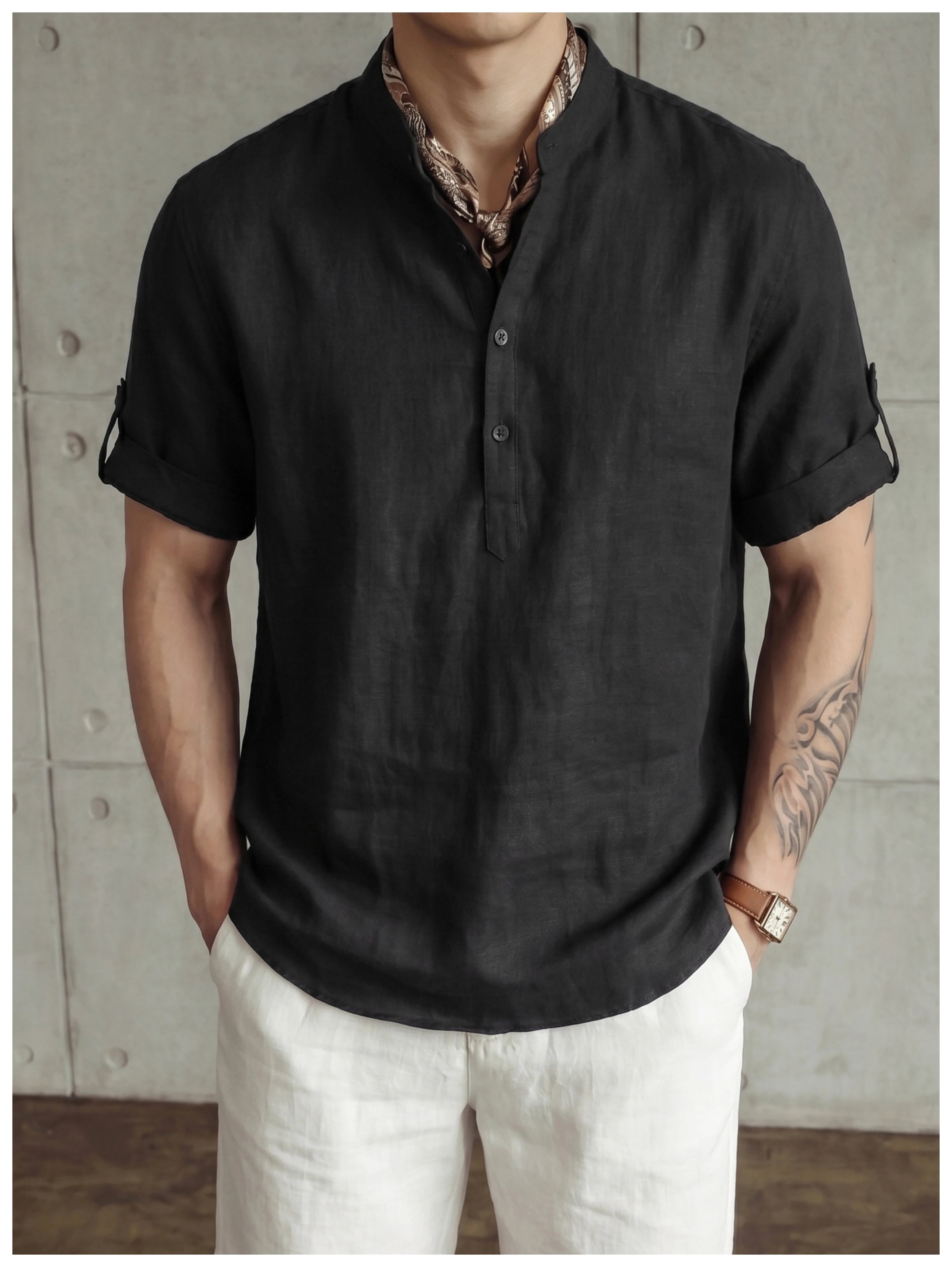 Old money wind adjustable five-quarter sleeve stand-up collar shirt FE0732