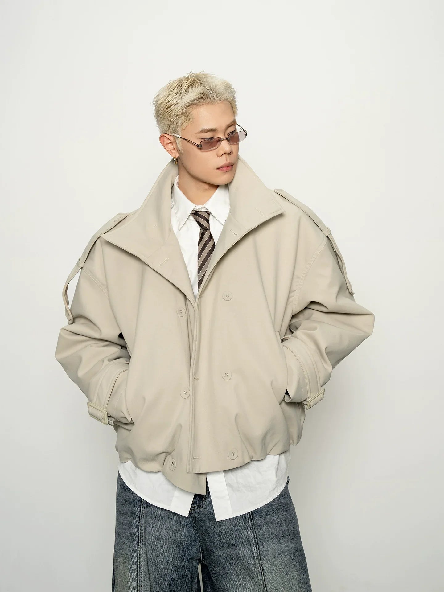 Pragmatism, American stand-up neck padded trench coat, wide shoulder, autumn and winter T0158 short jacket  FE0202