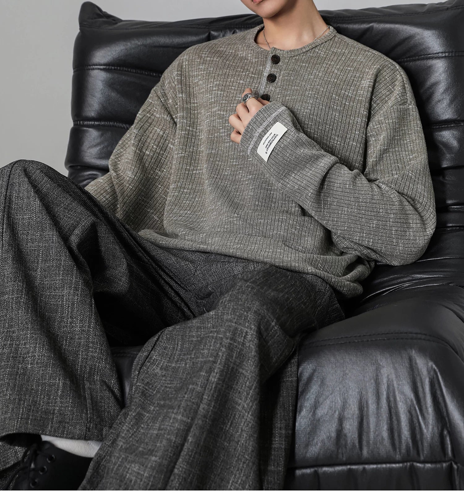 Grey Henry Neck Long Sleeve T-Shirt FE0713