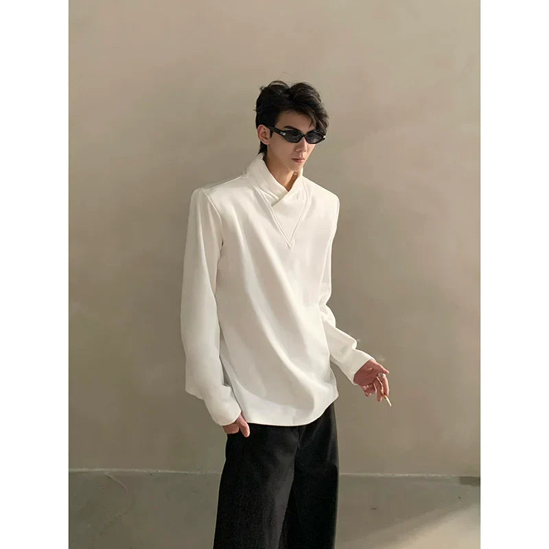 Autumn niche high-end sense stack collar silhouette long-sleeved T-shirt men's loose heavy ruffian handsome top  FE0532