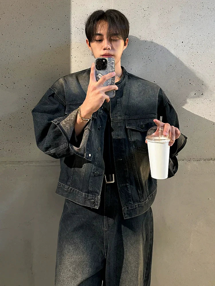 Ruffian handsome retro stand-up collar denim jacket men's spring and autumn loose wide-leg jeans Korean fashion suit FE0581