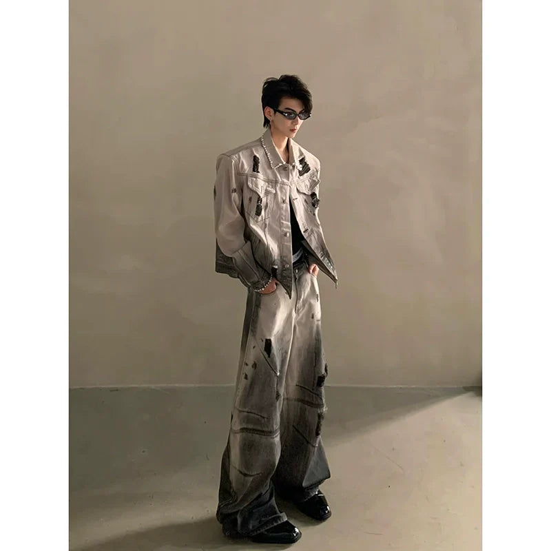 Niche waste soil tie-dye hole design shoulder padded denim jacket men's high-end suit tide FE0587