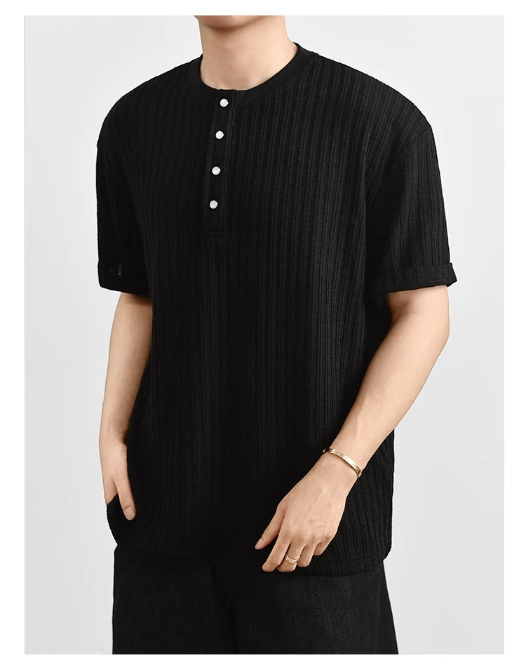 Texture Henry Neck Short Sleeve T-Shirt Button V-Neck Vintage Pit Strip Knitted FE0724