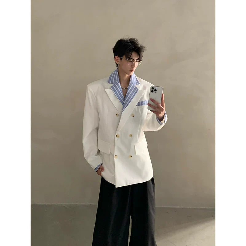 Niche high-end Miu striped shirt collar shoulder padded suit men's ruffian handsome suit jacket FE0585