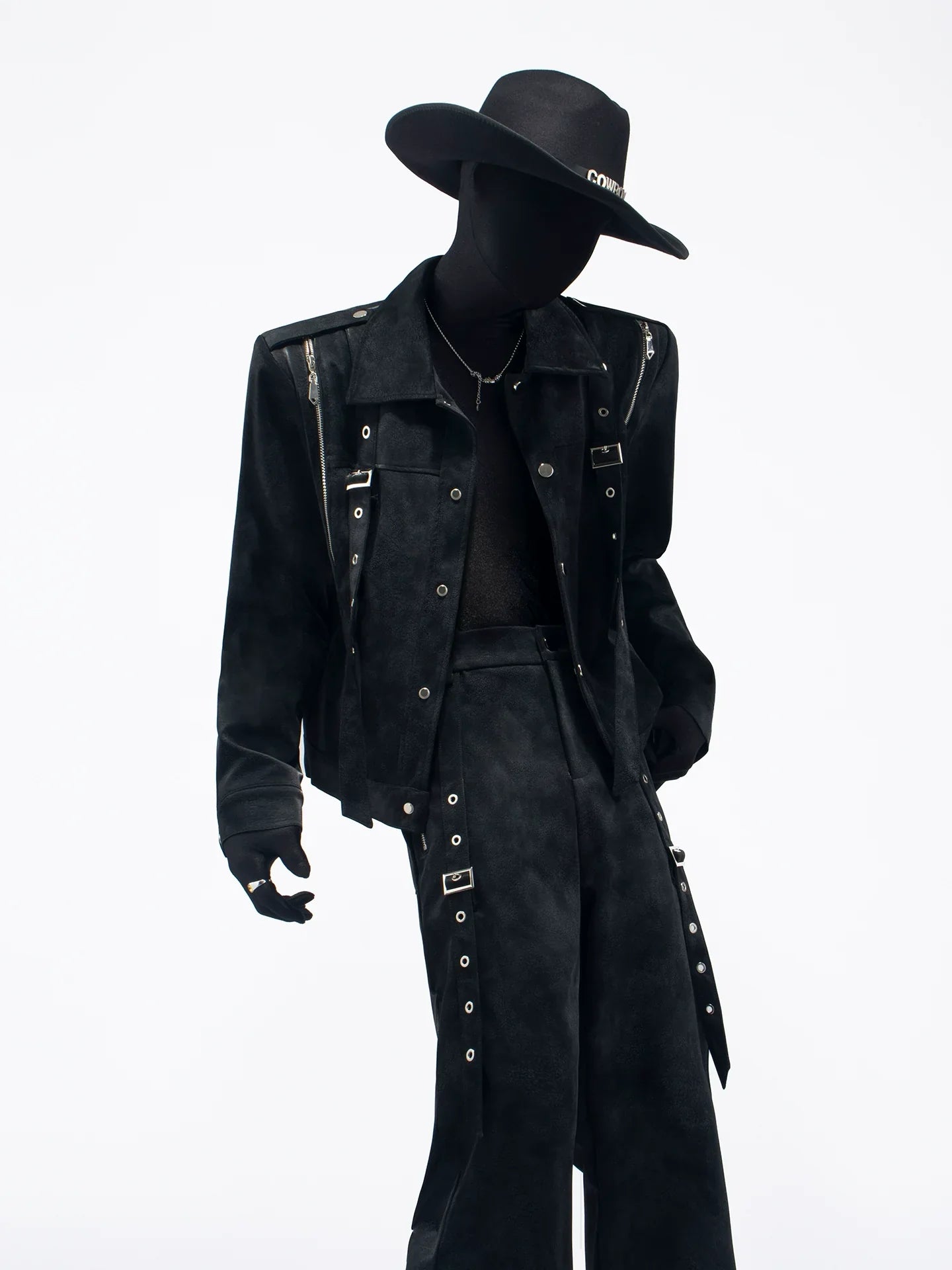 New personalized black metal decorative punk style suit PU black leather casual pants tide FE0593