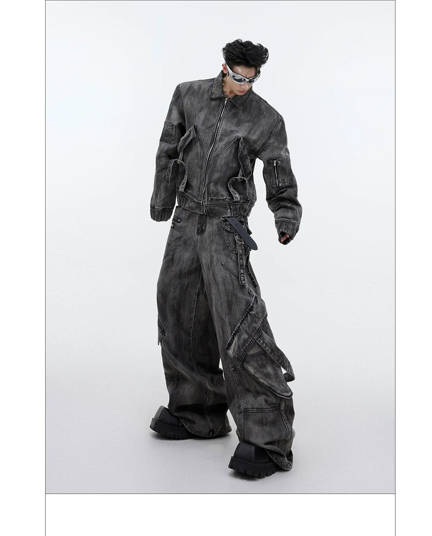 Niche retro old denim suit jacket jacket wasteland heavy zipper big pocket overalls FE0596