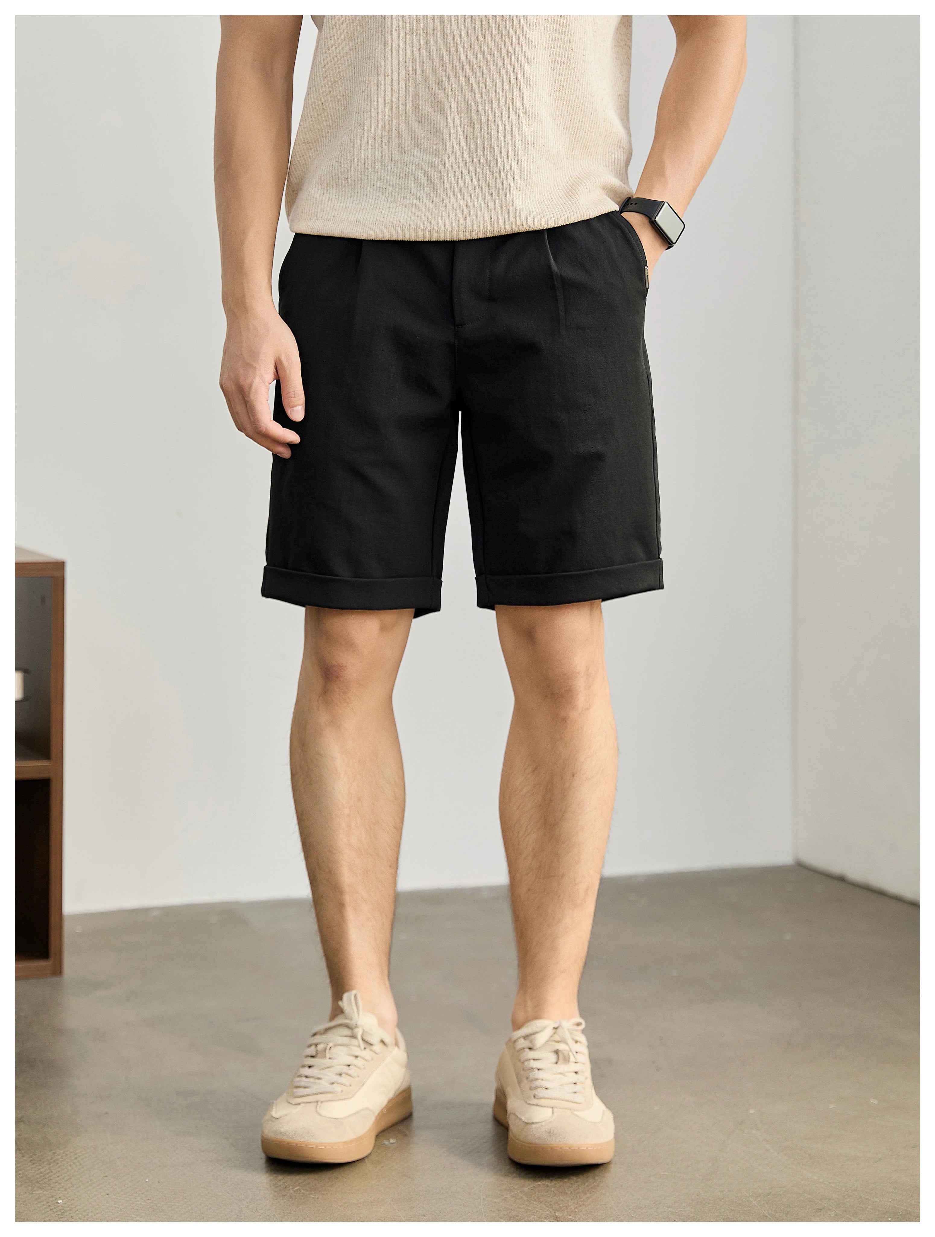 High-end light and mature wind semi-elastic waist pants twill texture pants, curled straight shorts FE0733