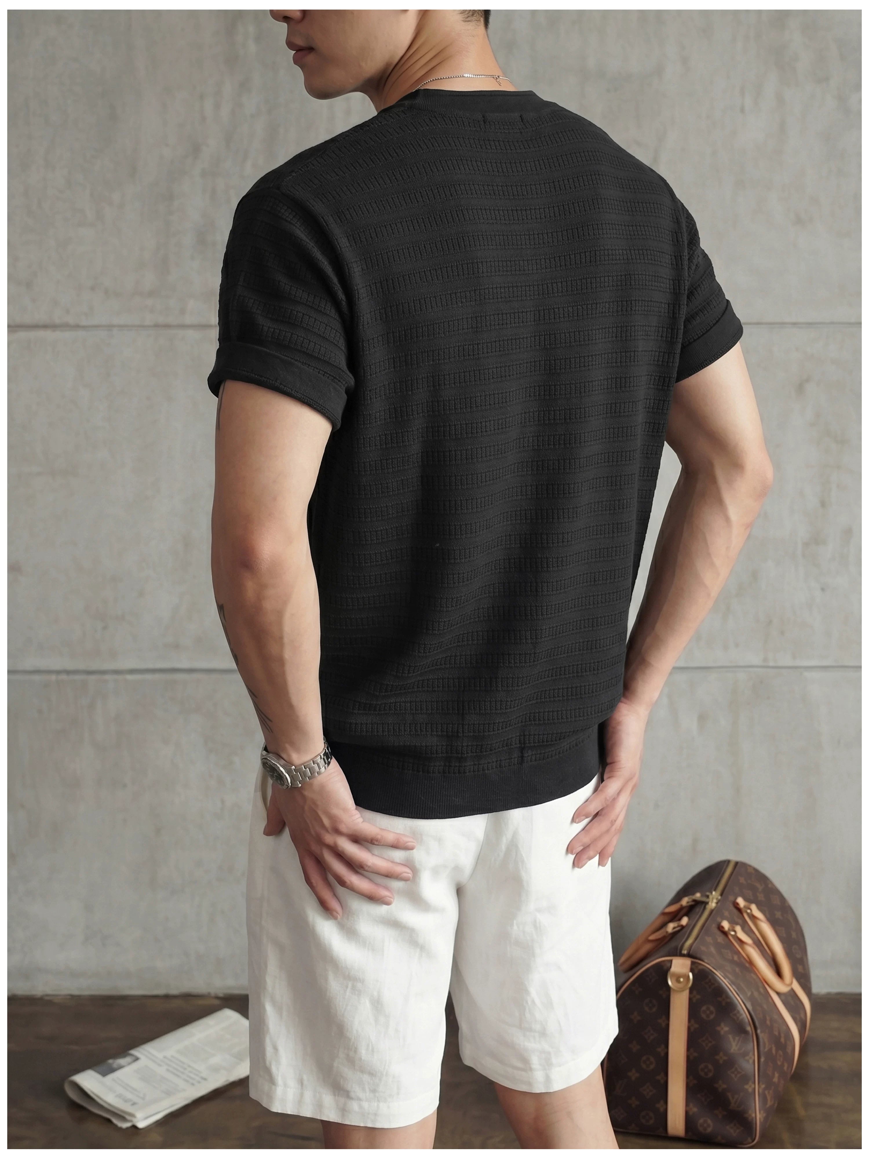 Jacquard horizontal pattern hollow texture knitted short-sleeved T-shirt FE0737