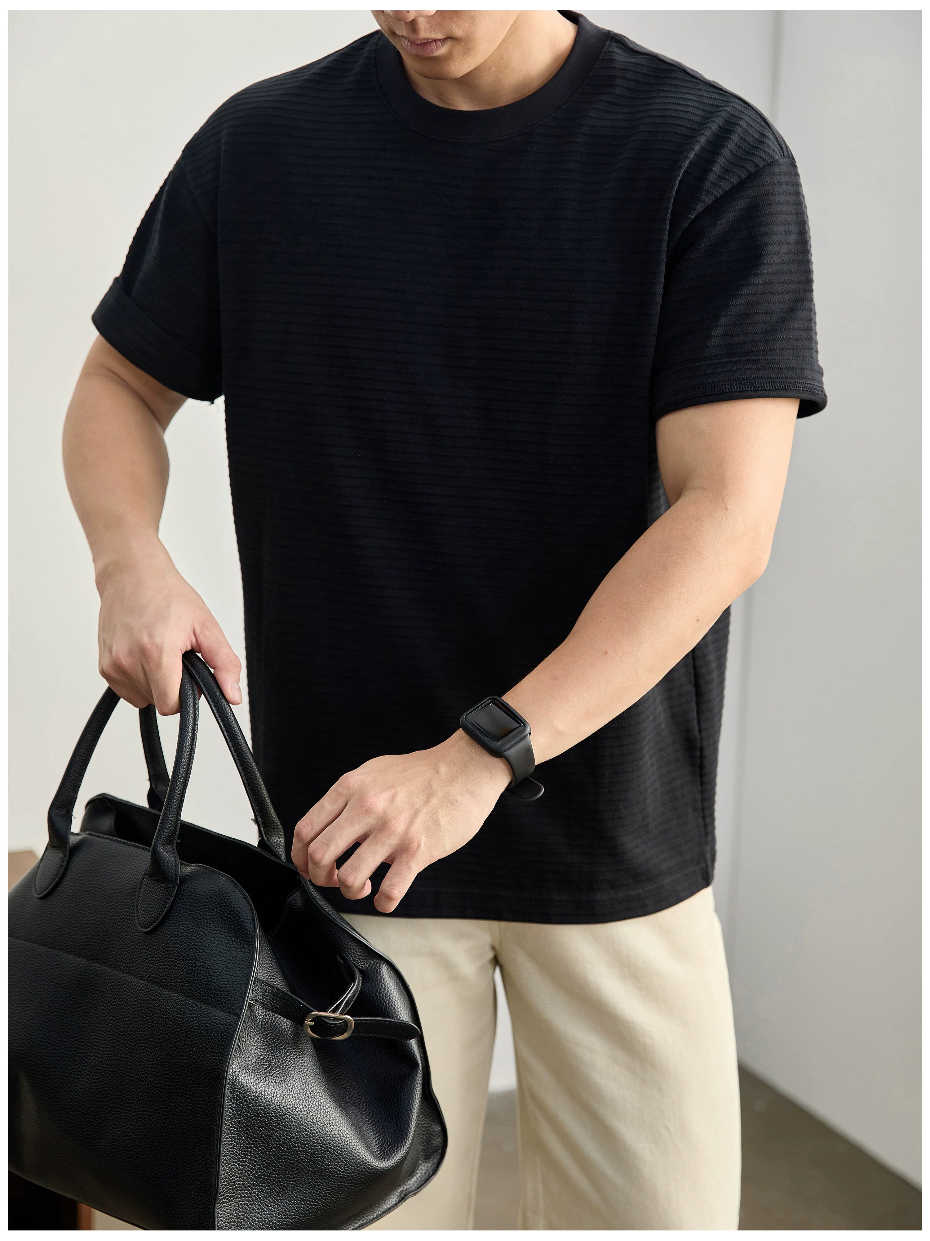 Three-dimensional horizontal jacquard texture solid color T-shirt FE0730