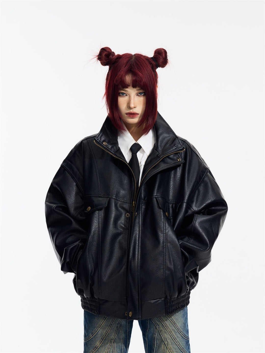 [PeopleStyle] Genderless wear silhouette fashionable leather jacket  FE0622