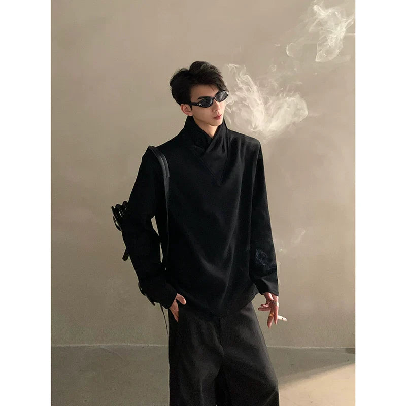 Autumn niche high-end sense stack collar silhouette long-sleeved T-shirt men's loose heavy ruffian handsome top  FE0532