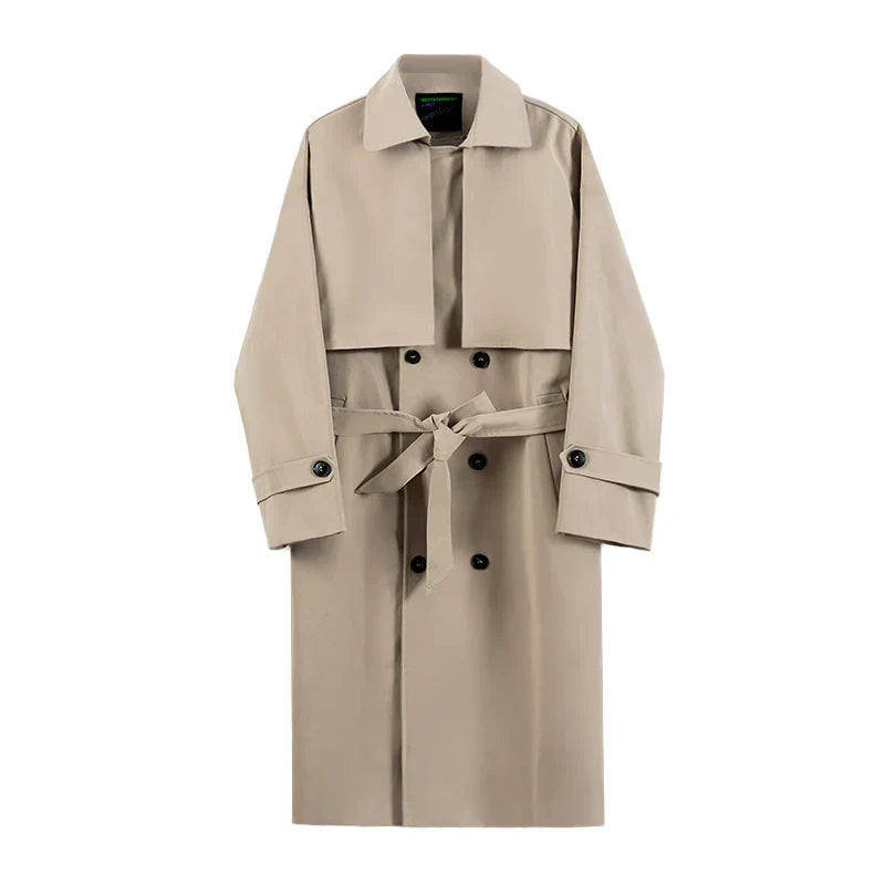 Autumn knee trench coat men's medium and long double-breasted loose coat Korean trendy casual handsome coat FE0612
