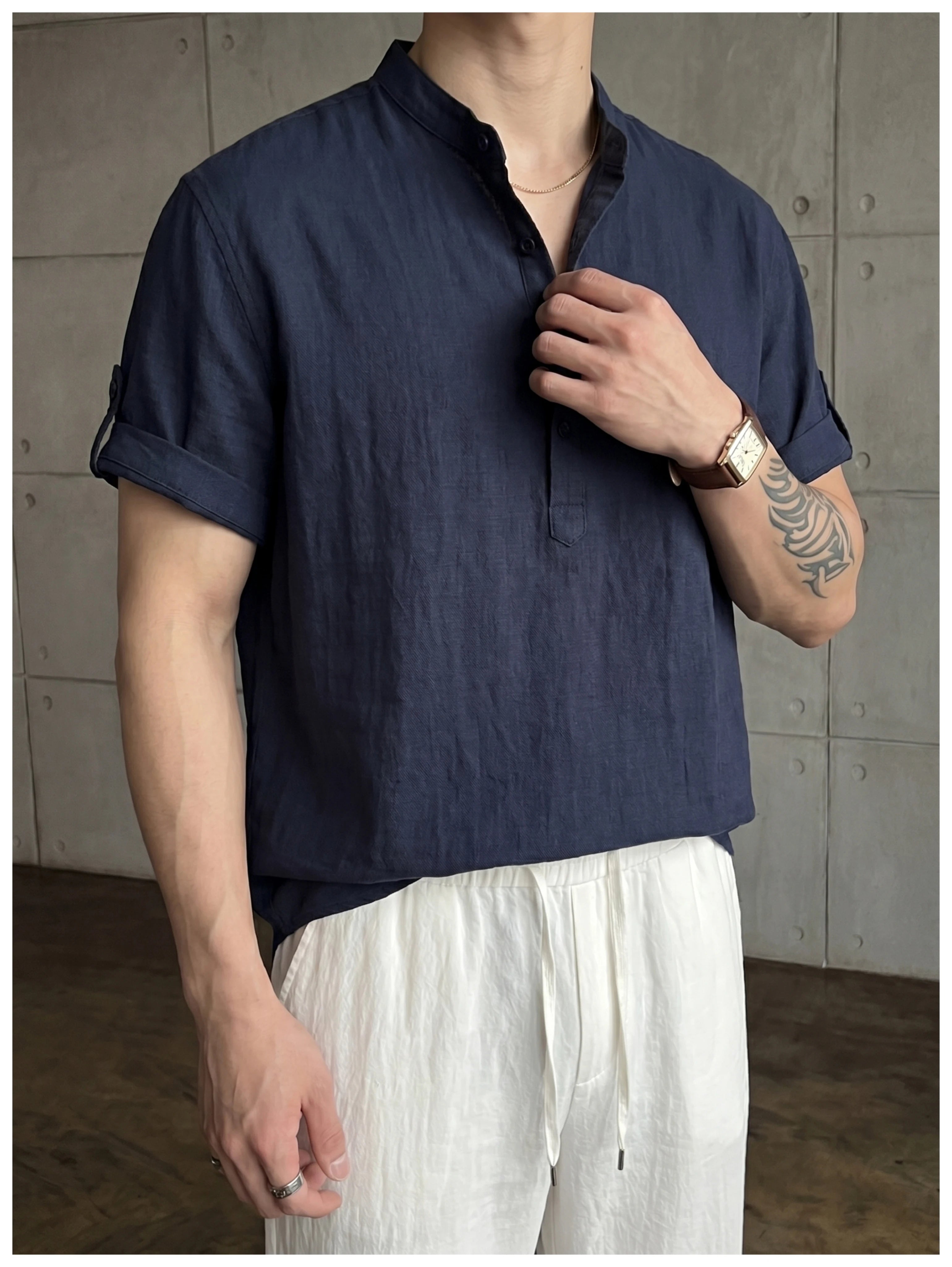 Old money wind adjustable five-quarter sleeve stand-up collar shirt FE0732
