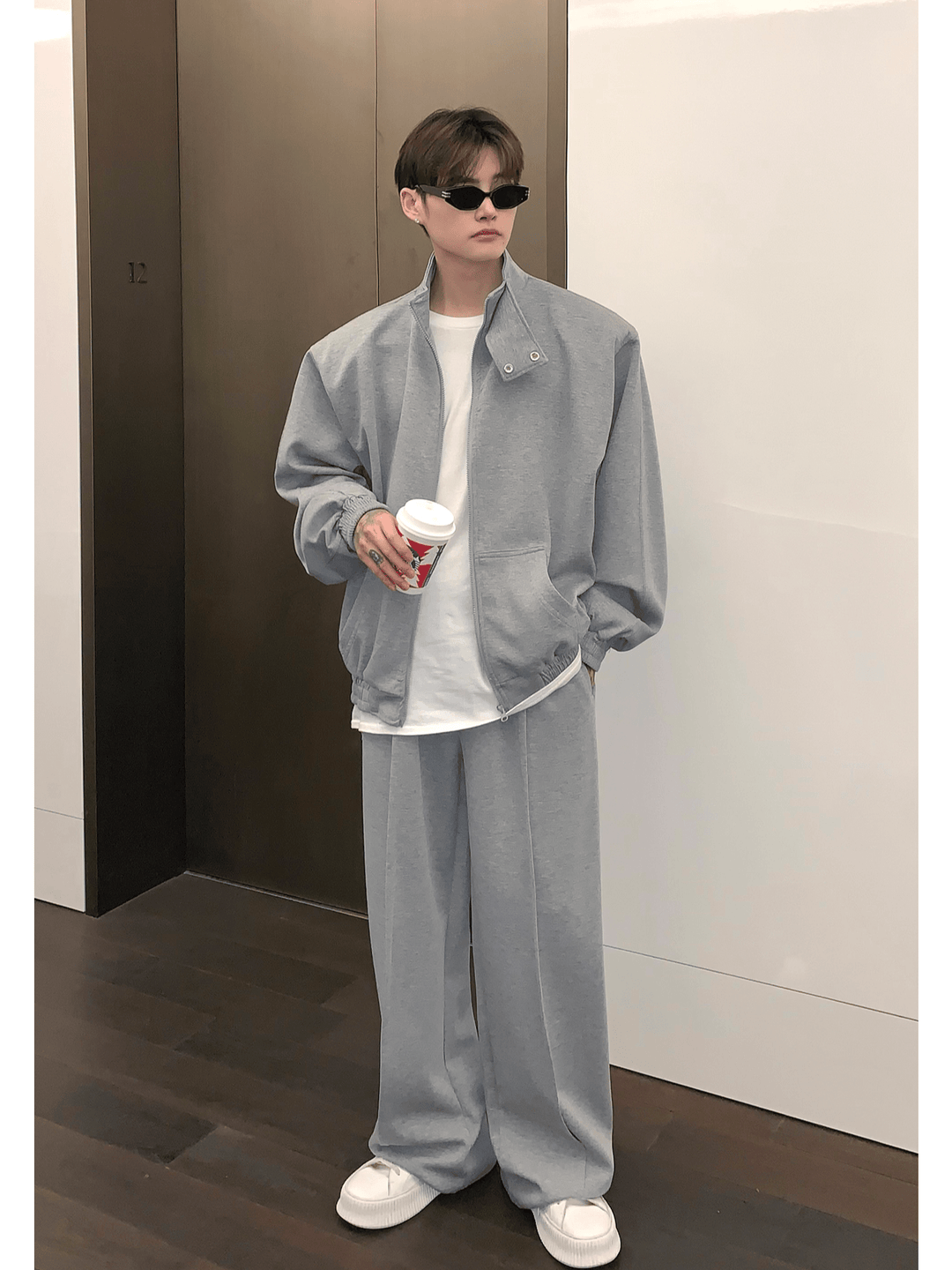 [CUIBUJU] Stand collar shoulder pad cardigan sweater set-up FE0657