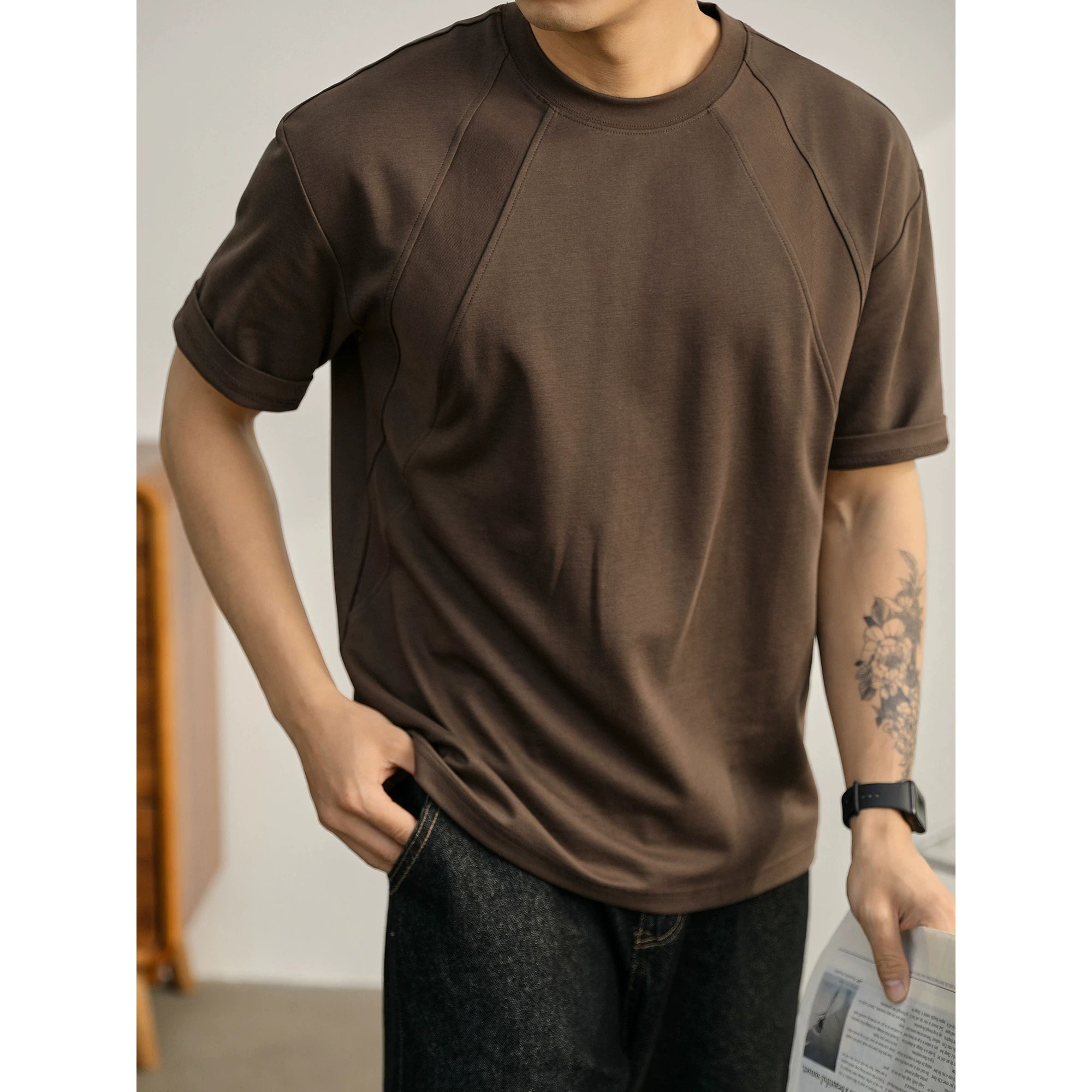 Summer American Splicing Micro Wide Half Sleeve Deconstruction Crisp T-Shirt FE0734