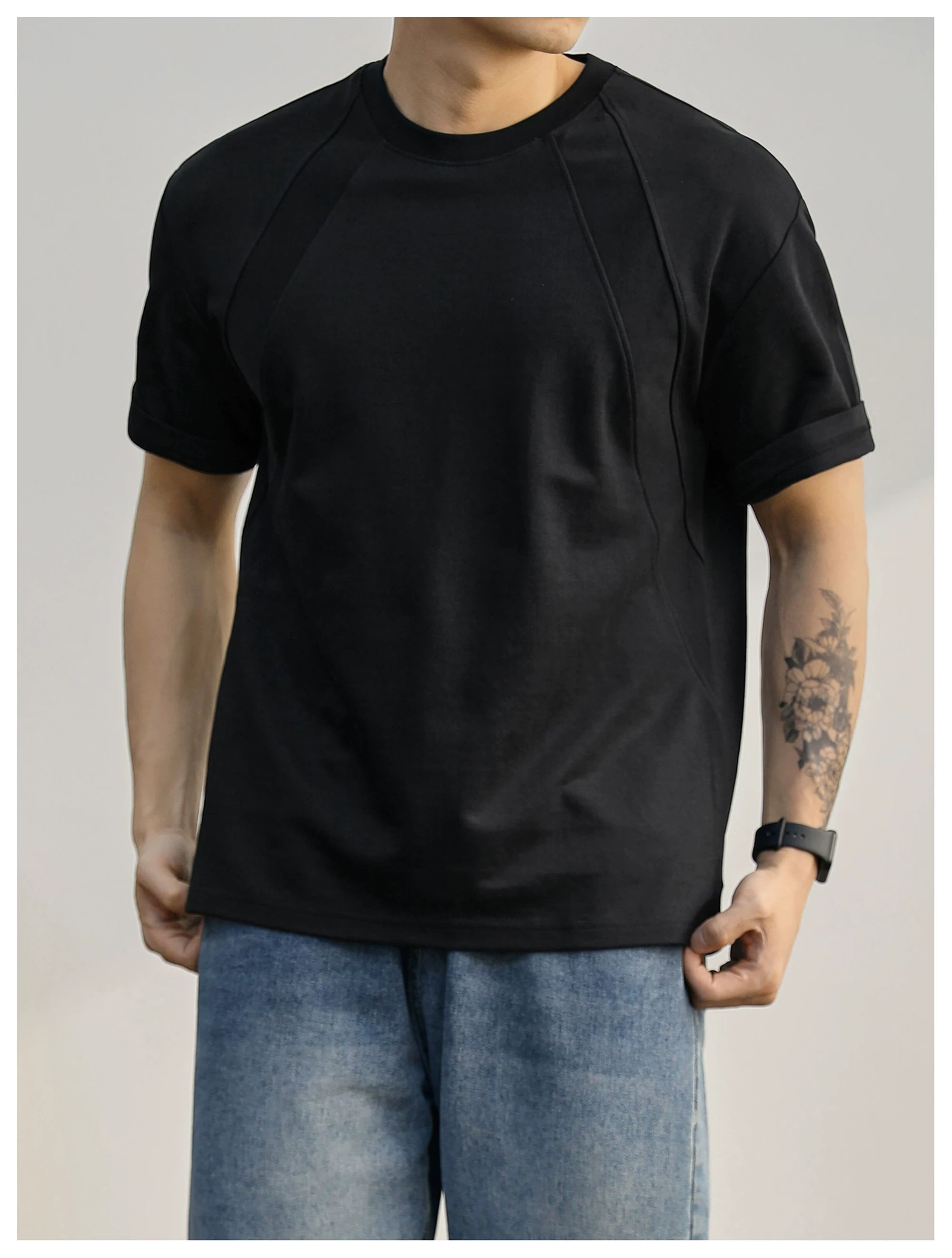 Summer American Splicing Micro Wide Half Sleeve Deconstruction Crisp T-Shirt FE0734