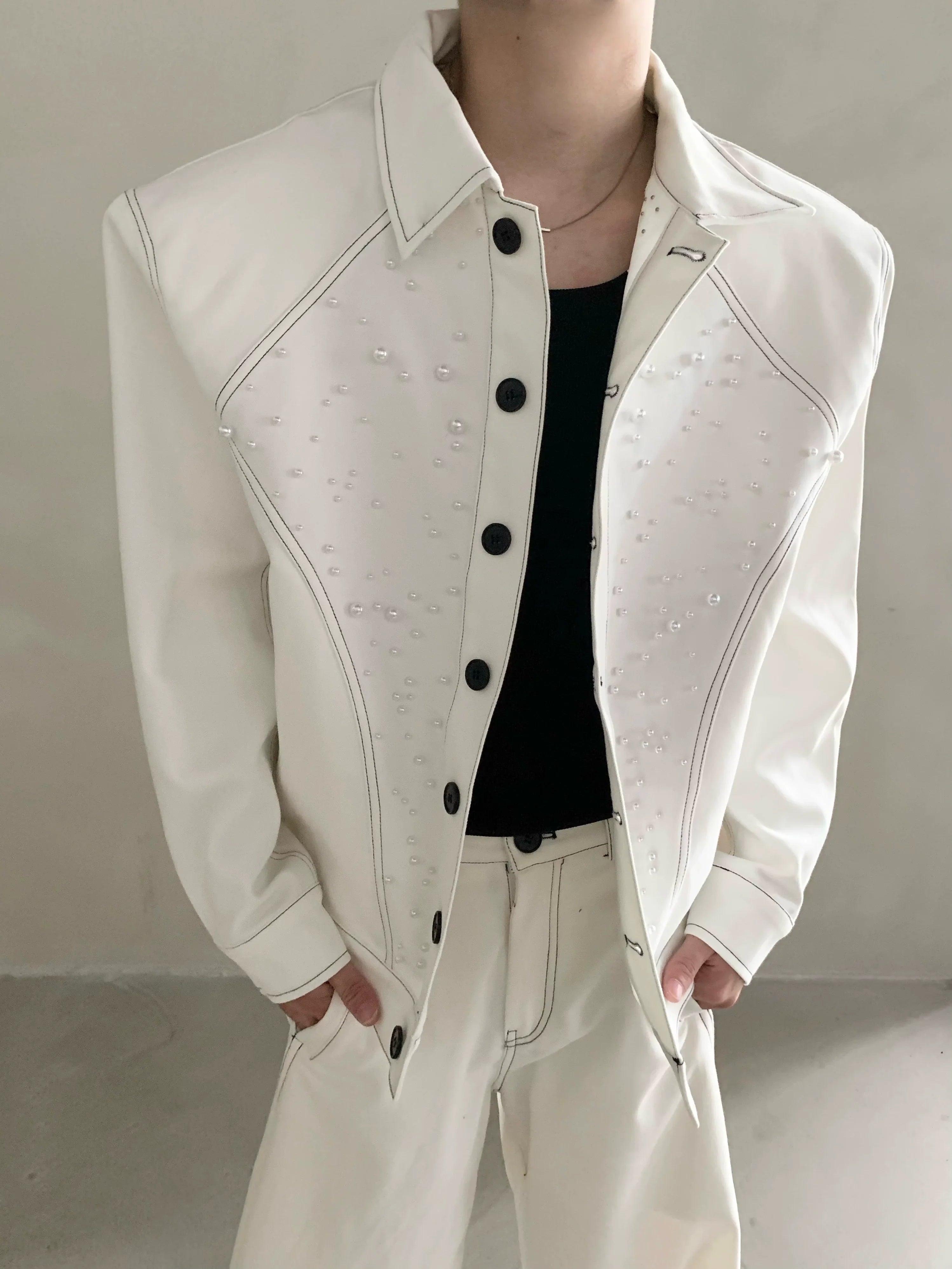Niche high-end white shoulder padded jacket jacket men's autumn trousers suit minimalist style FE0583
