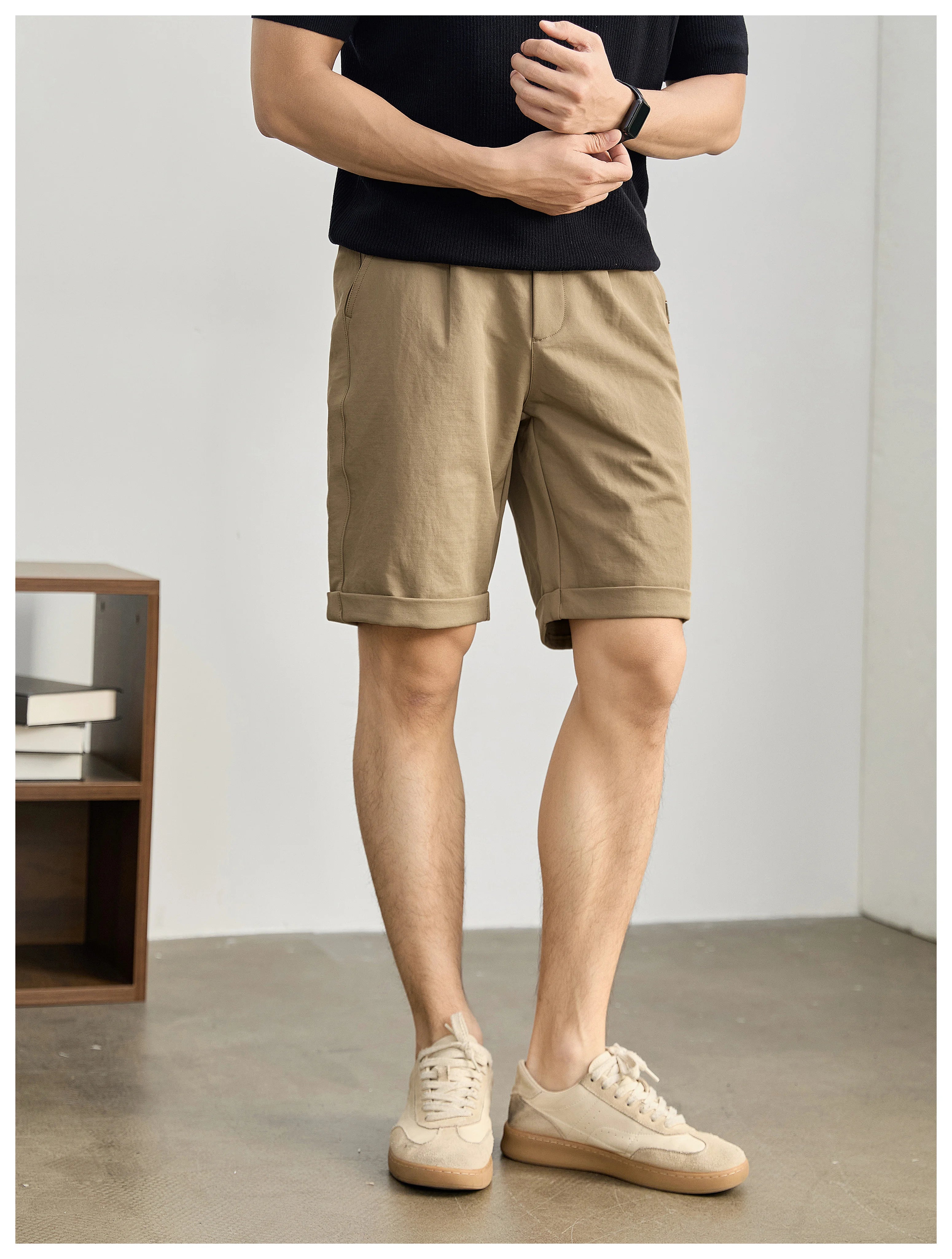 High-end light and mature wind semi-elastic waist pants twill texture pants, curled straight shorts FE0733
