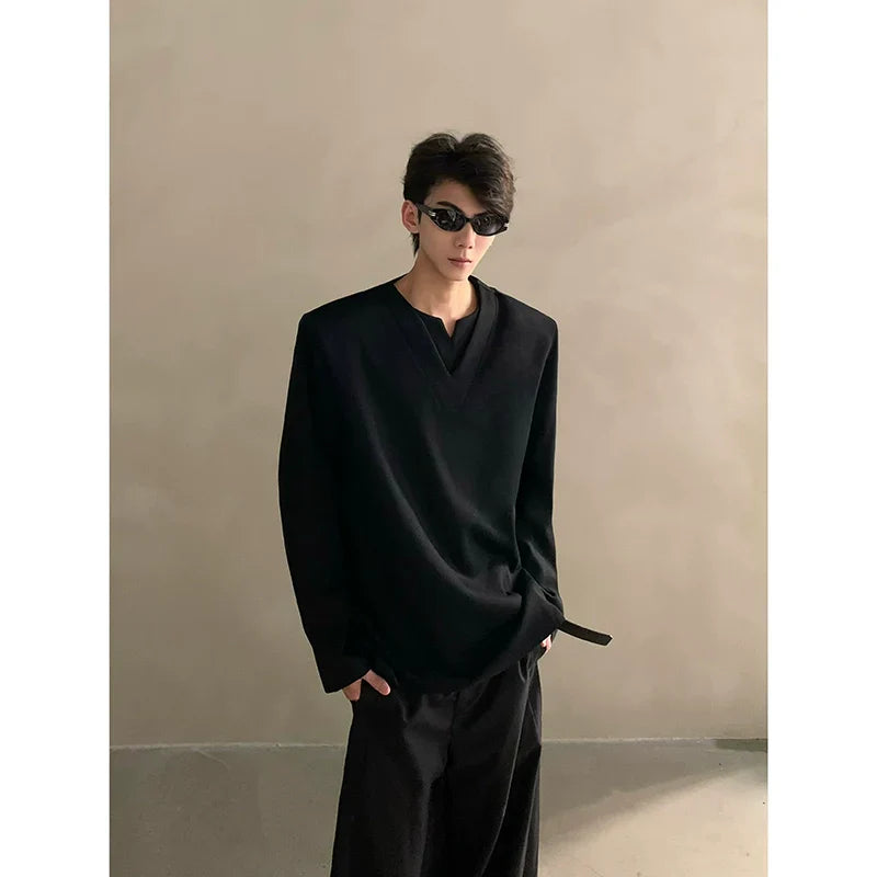 Autumn high-end sense niche design sense V-neck shoulder pads long-sleeved T-shirt men's versatile loose tide  FE0535