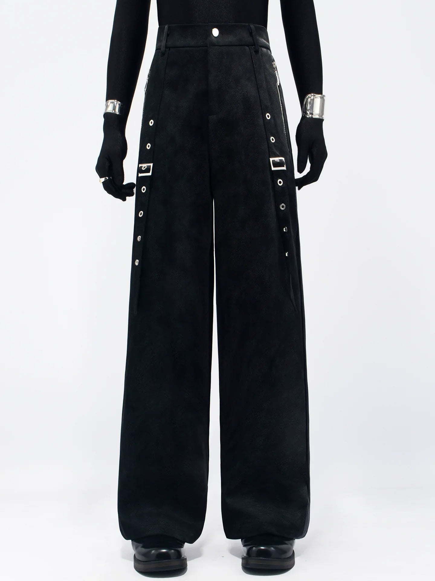 New personalized black metal decorative punk style suit PU black leather casual pants tide FE0593