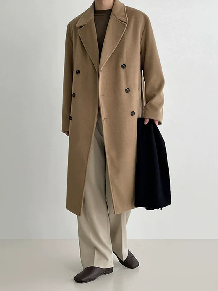 Wool coat men's medium and long autumn and winter Korean loose and high-end thickened trench coat woolen coat   FE0200