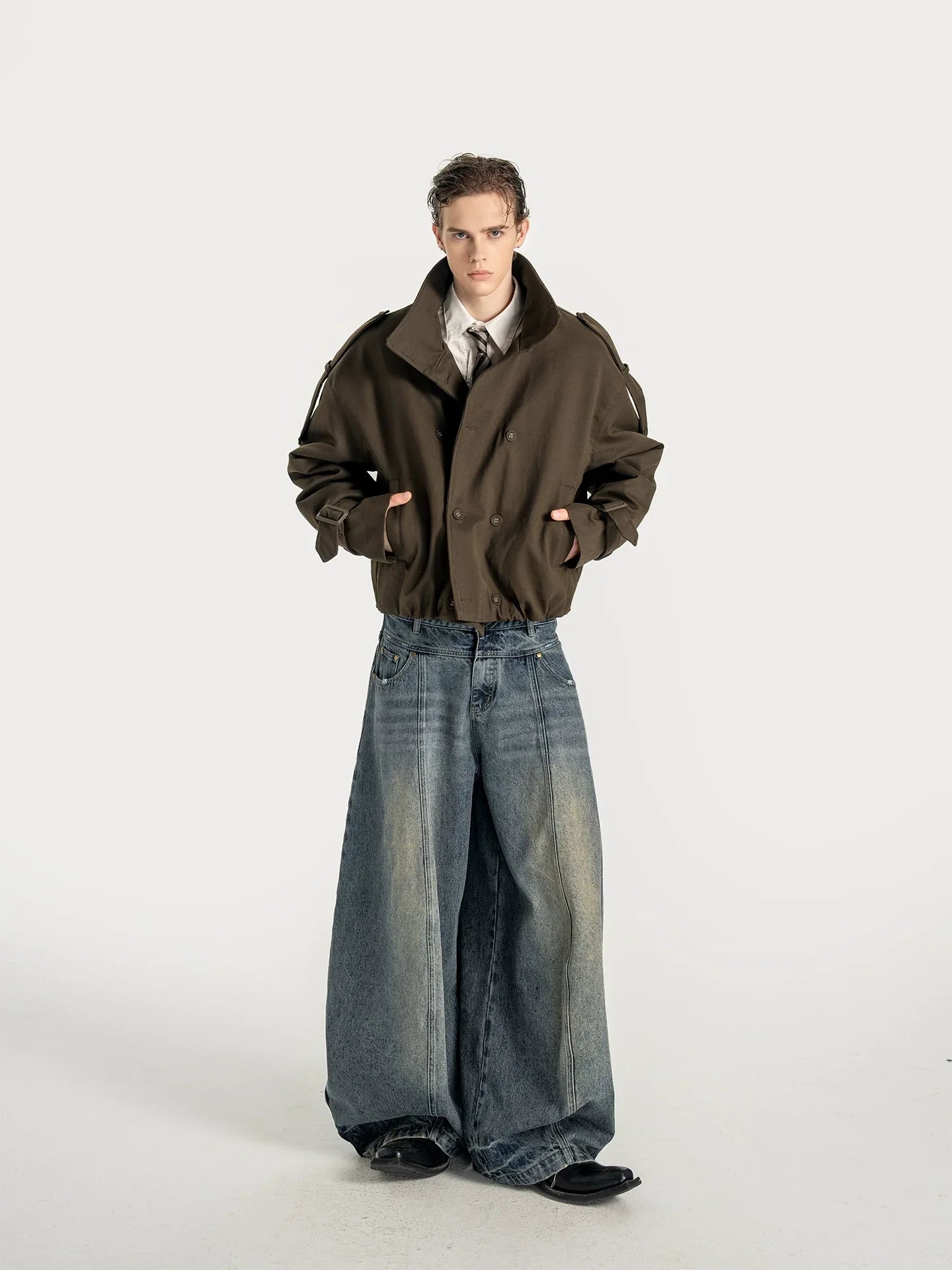 Pragmatism, American stand-up neck padded trench coat, wide shoulder, autumn and winter T0158 short jacket  FE0202