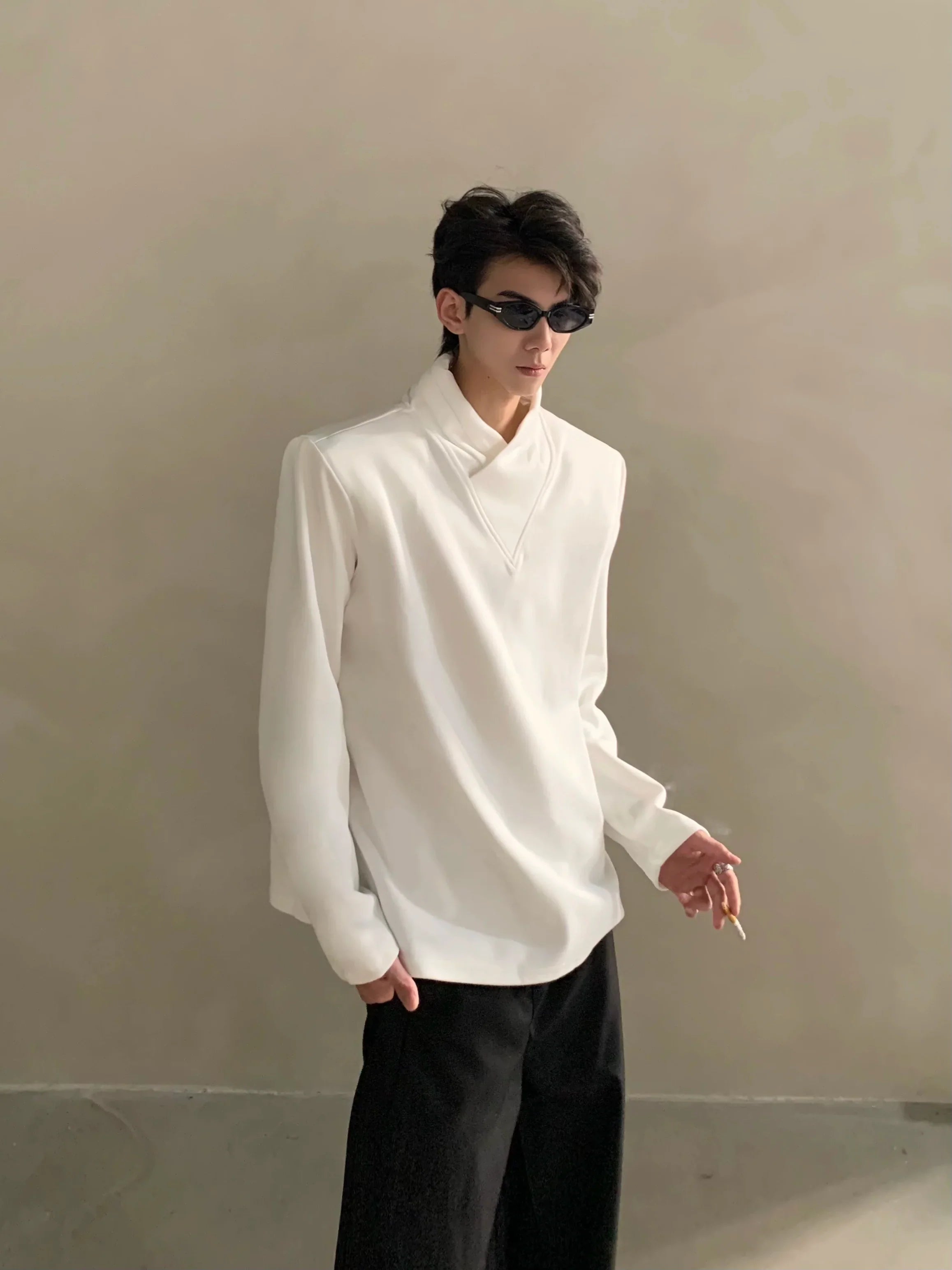 Autumn niche high-end sense stack collar silhouette long-sleeved T-shirt men's loose heavy ruffian handsome top  FE0532