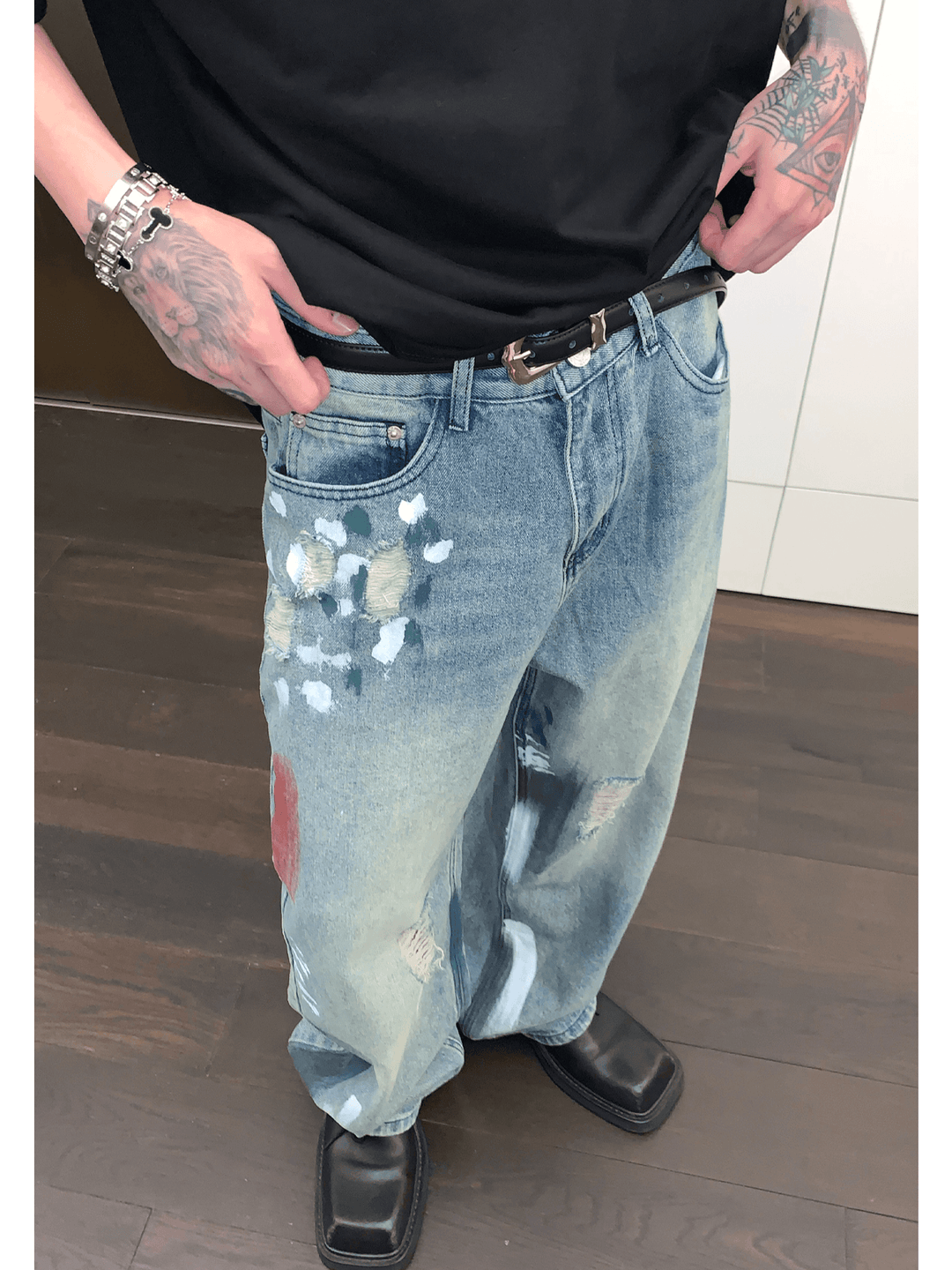 street graffiti contrast color straight jeans   FE0103